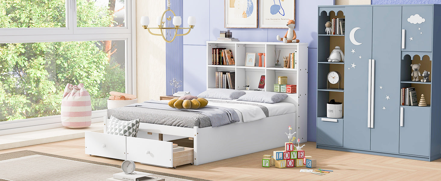 Full Size Platform Bed with Storage Headboard, Charging Station and 2 Drawers, White - Atlantic Fine Furniture Melbourne FL