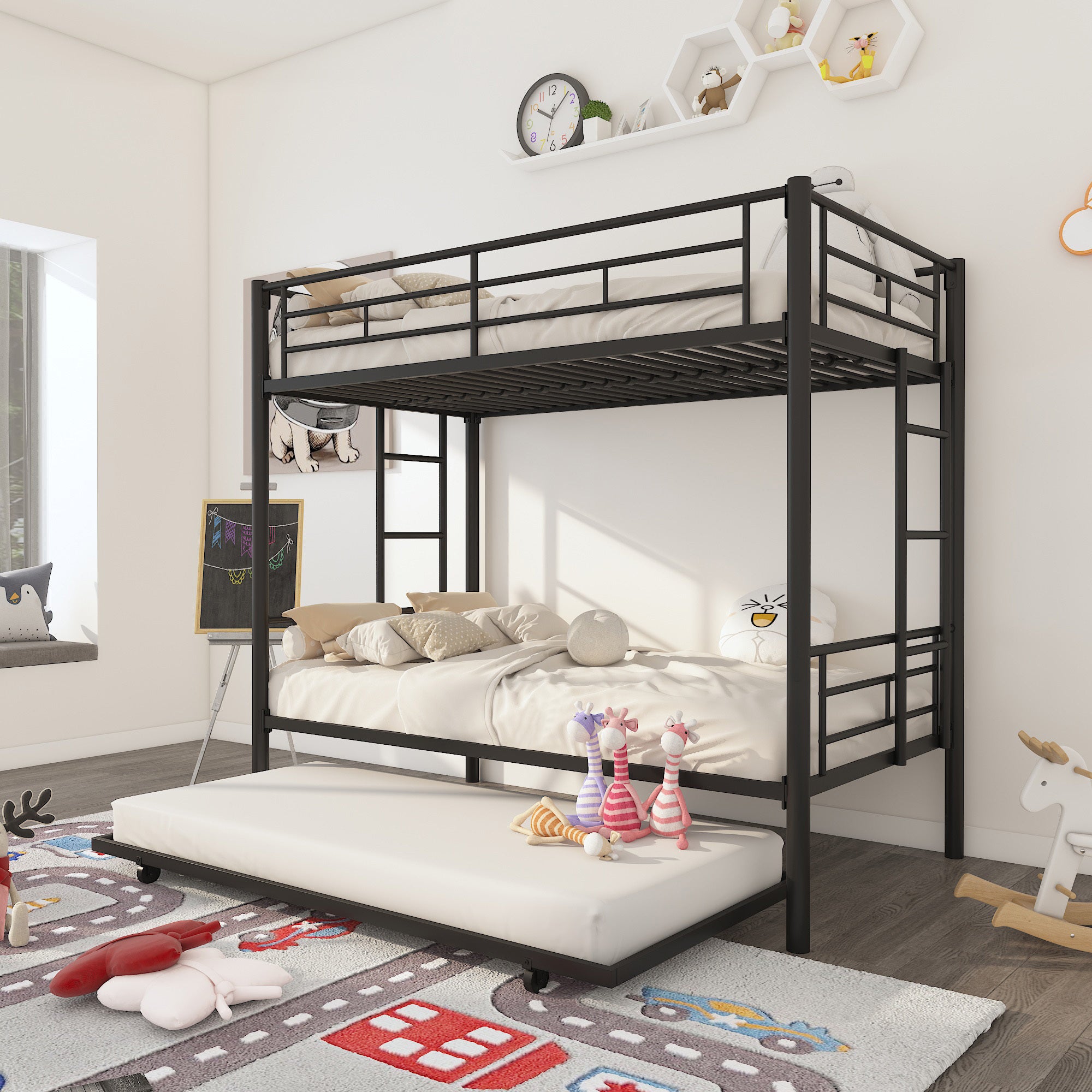 Twin Over Twin Metal Bunk Bed Frame with Trundle(Upgrade reinforcement version) - Atlantic Fine Furniture Melbourne FL