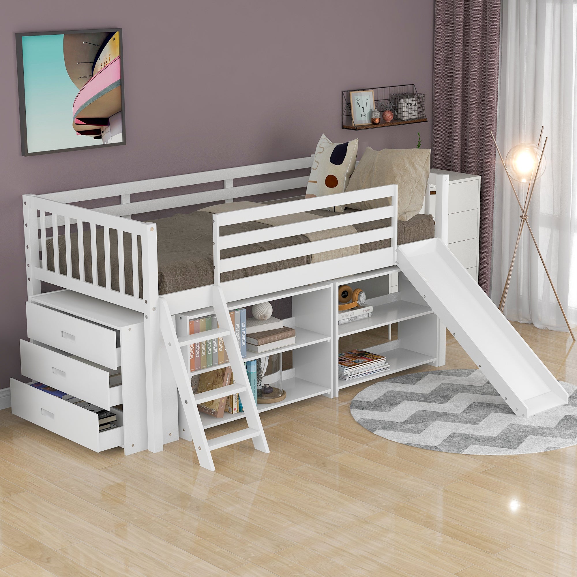 Low Loft Bed with Attached Bookcases and Separate 3-tier Drawers,Convertible Ladder and Slide,Twin,White - Atlantic Fine Furniture Melbourne FL