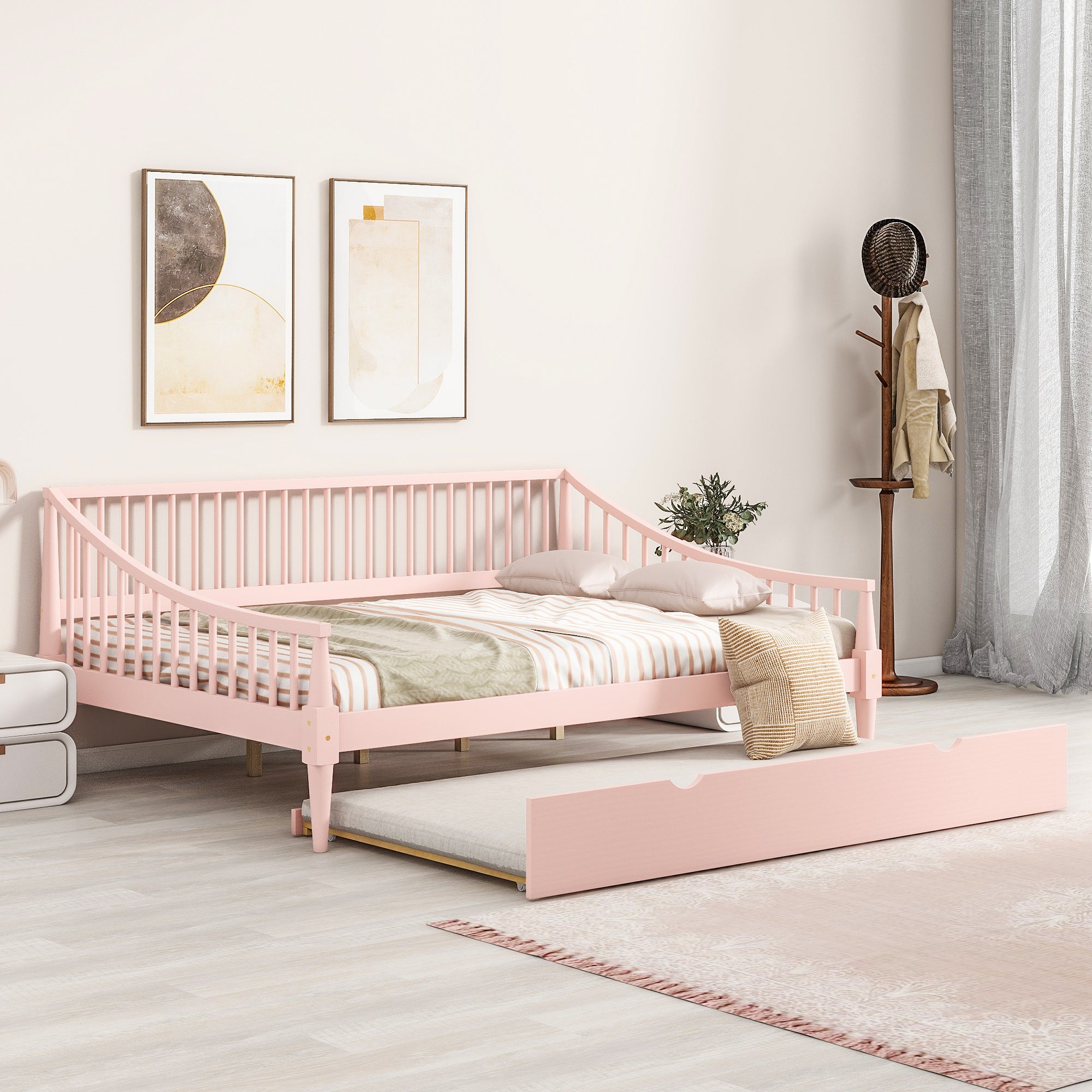 Full Size Daybed with Trundle and Support Legs, Pink - Atlantic Fine Furniture Melbourne FL