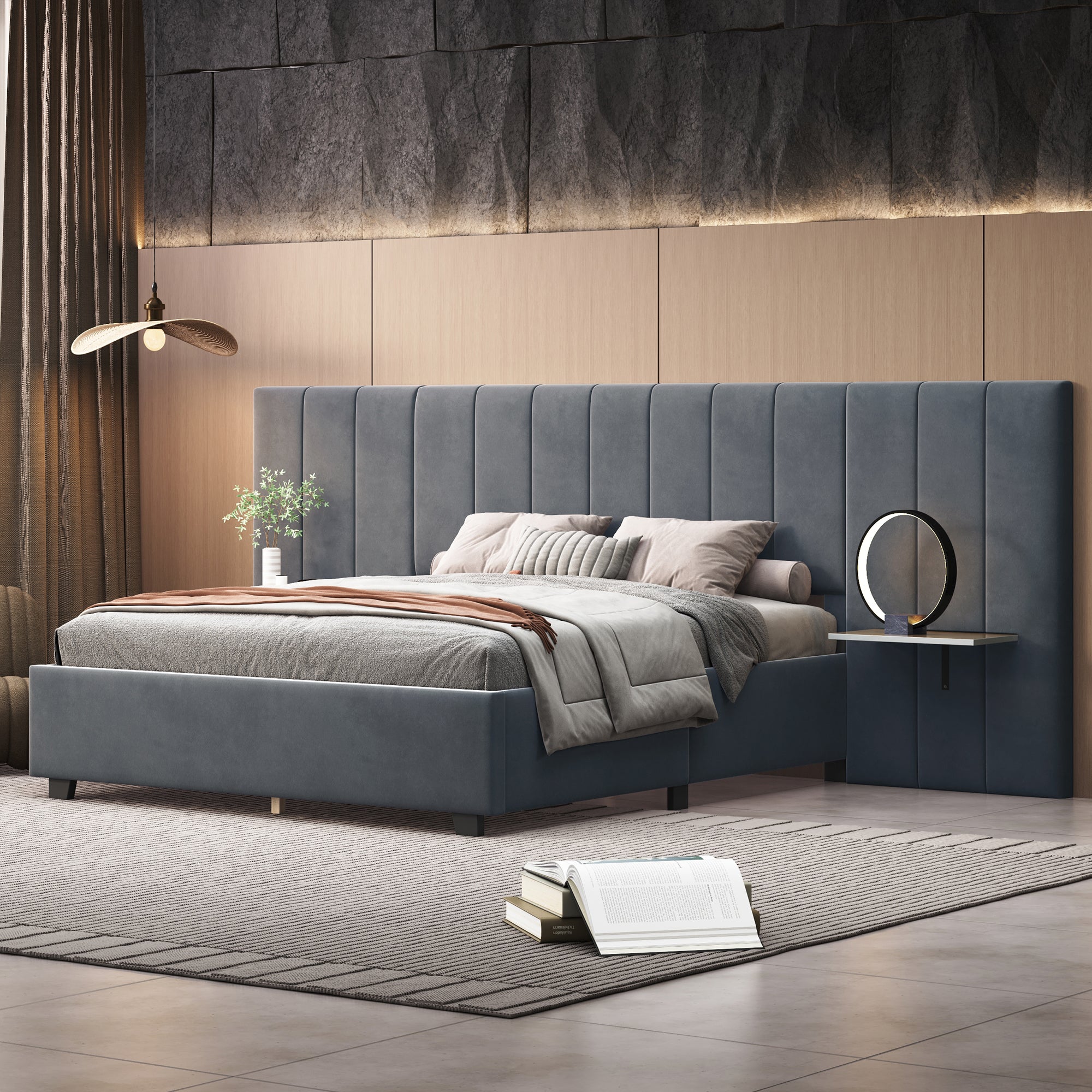 Queen Size Upholstered Platform Bed with Big Headboard, Bedroom Furniture, Velvet, Gray - Atlantic Fine Furniture Melbourne FL