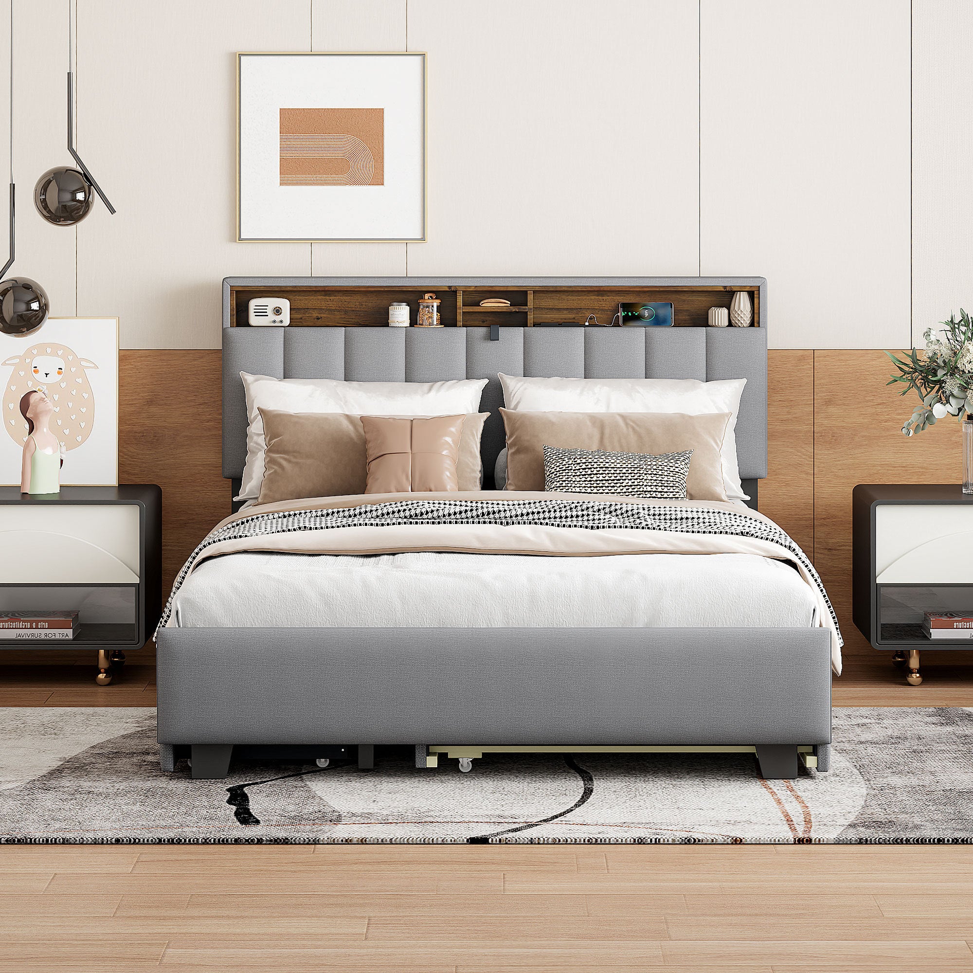 Queen size Upholstered Platform Bed with Storage Headboard, Twin XL Size Trundle & 2 drawers and a set of Sockets & USB Ports, Linen Fabric, Gray - Atlantic Fine Furniture Melbourne FL