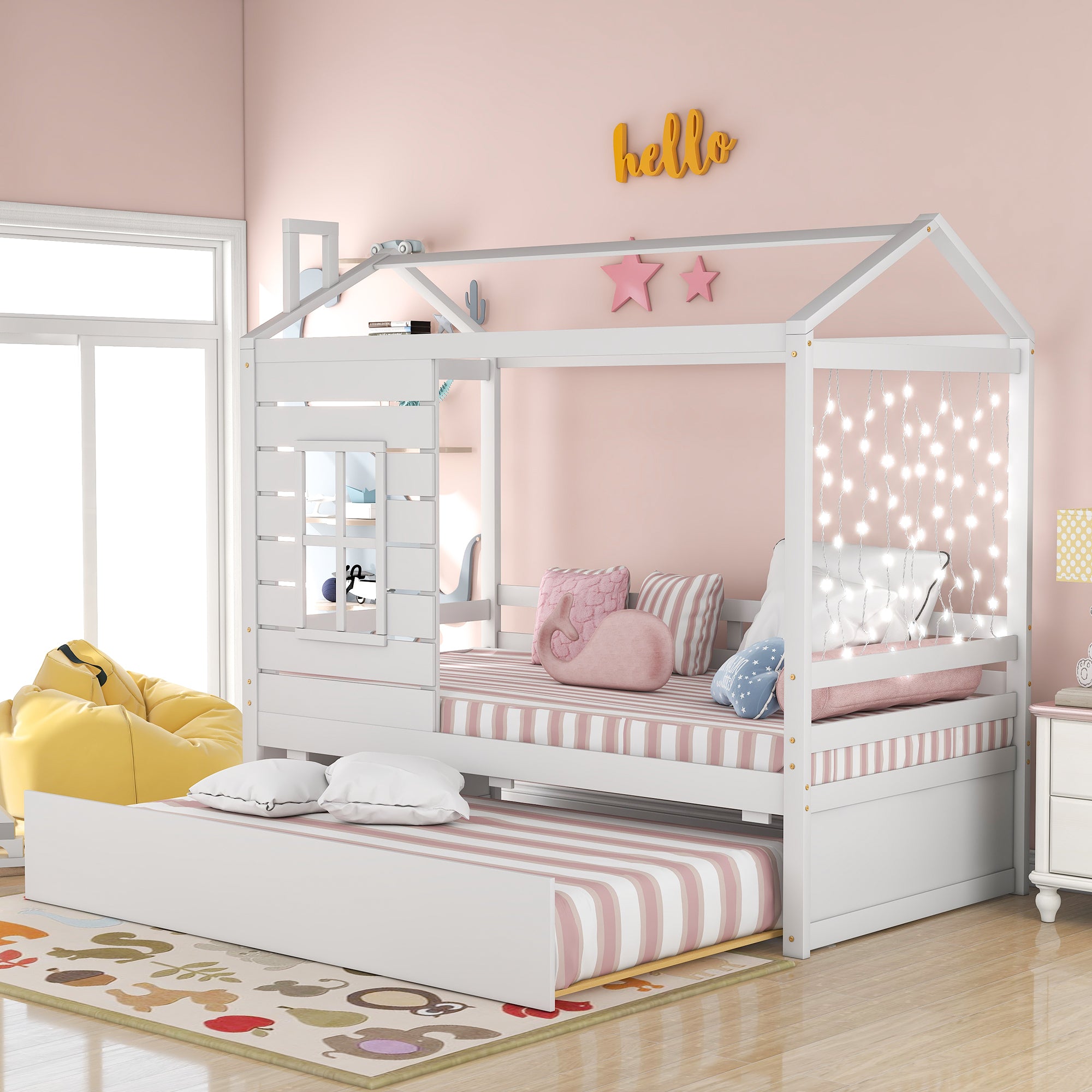 Twin Size House Bed Wood Bed with Twin Size Trundle ( White ) - Atlantic Fine Furniture Melbourne FL