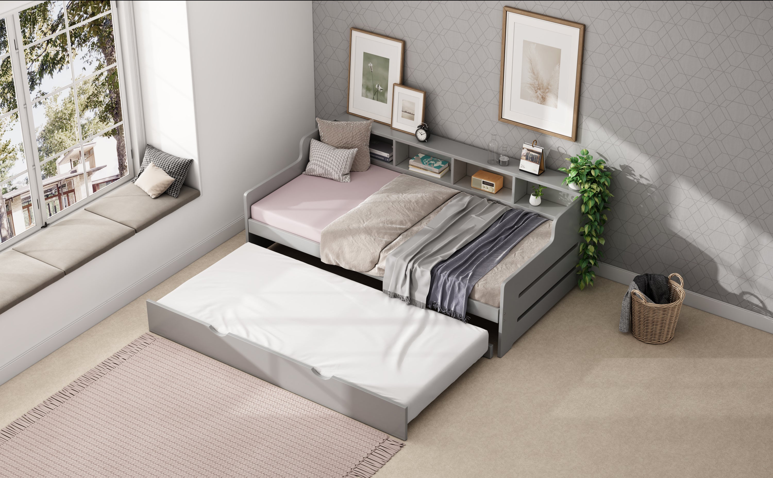 Twin Size Wooden Day Bed with Trundle for Guest Room, Small Bedroom, Study Room, Gray - Atlantic Fine Furniture Melbourne FL