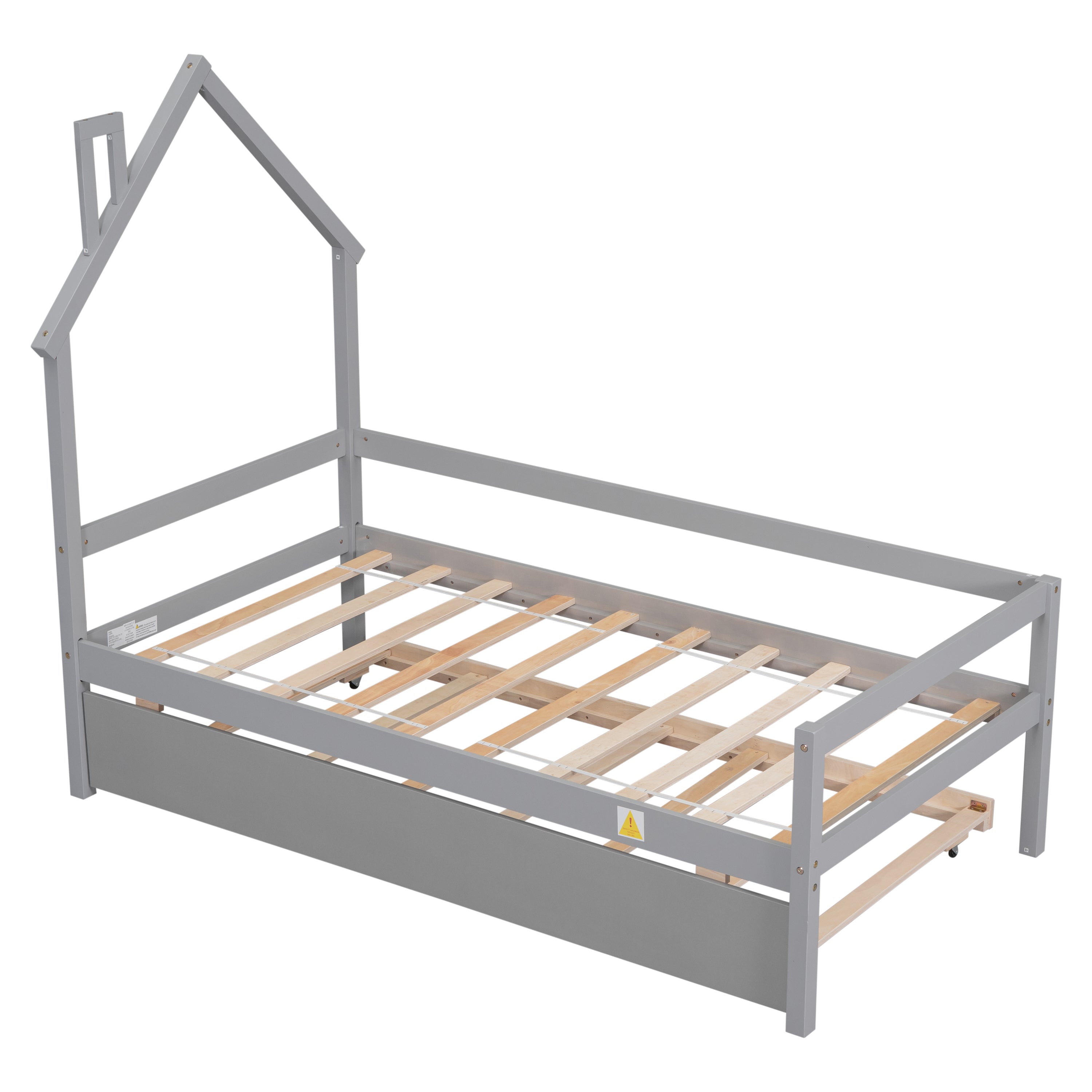 Twin House Wooden Daybed with trundle, Twin House-Shaped Headboard bed with Guardrails,Grey