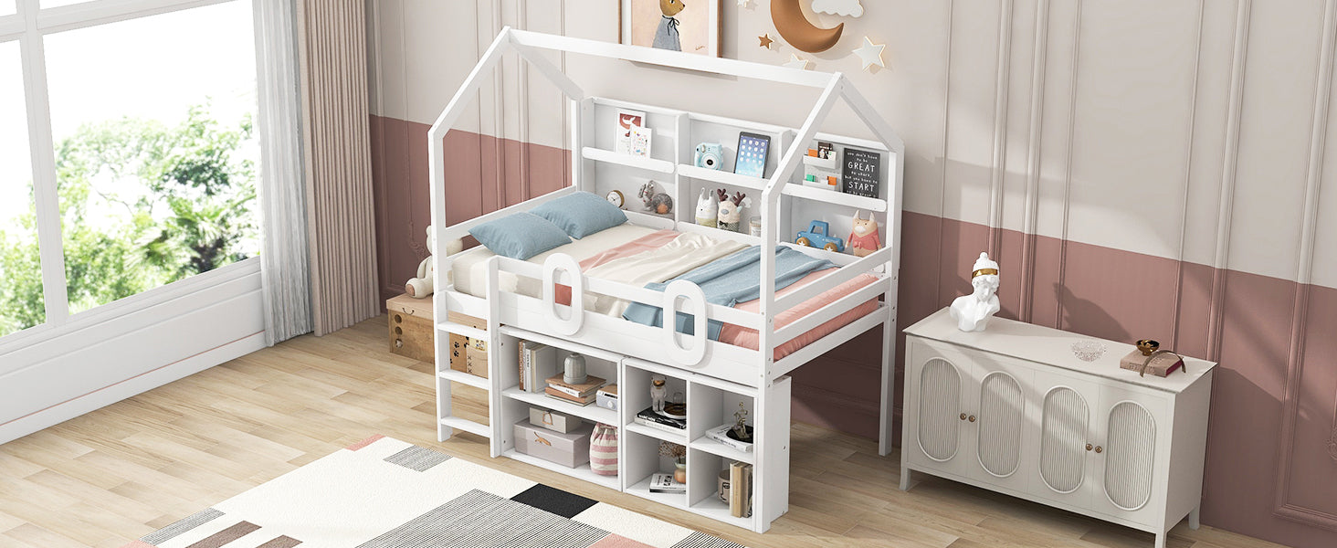 Twin Size House Loft Bed with Multiple Storage Shelves, White - Atlantic Fine Furniture Melbourne FL