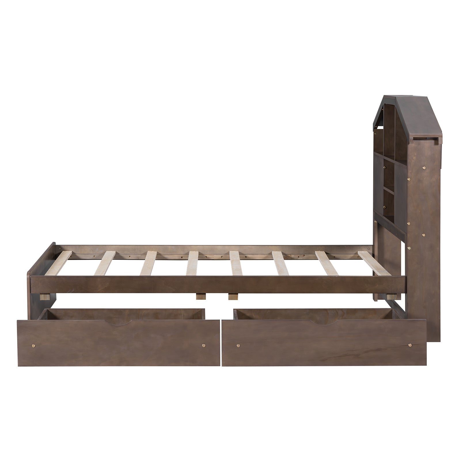 Twin Size Wood Platform Bed with House-shaped Storage Headboard and 2 Drawers, Walnut - Atlantic Fine Furniture Melbourne FL