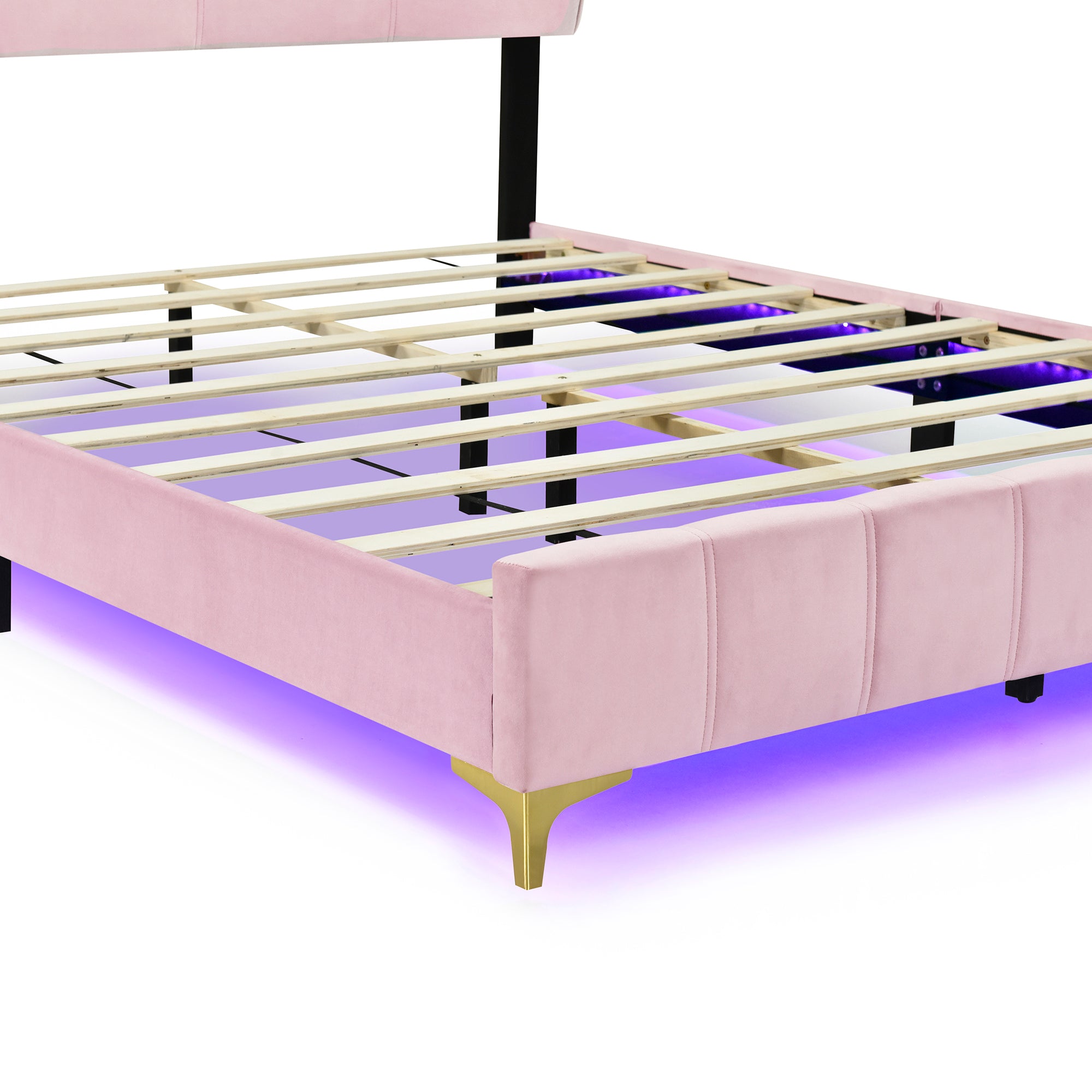 Queen Size Velvet Platform Bed with LED Frame and Stylish Mental Bed Legs, Pink - Atlantic Fine Furniture Melbourne FL