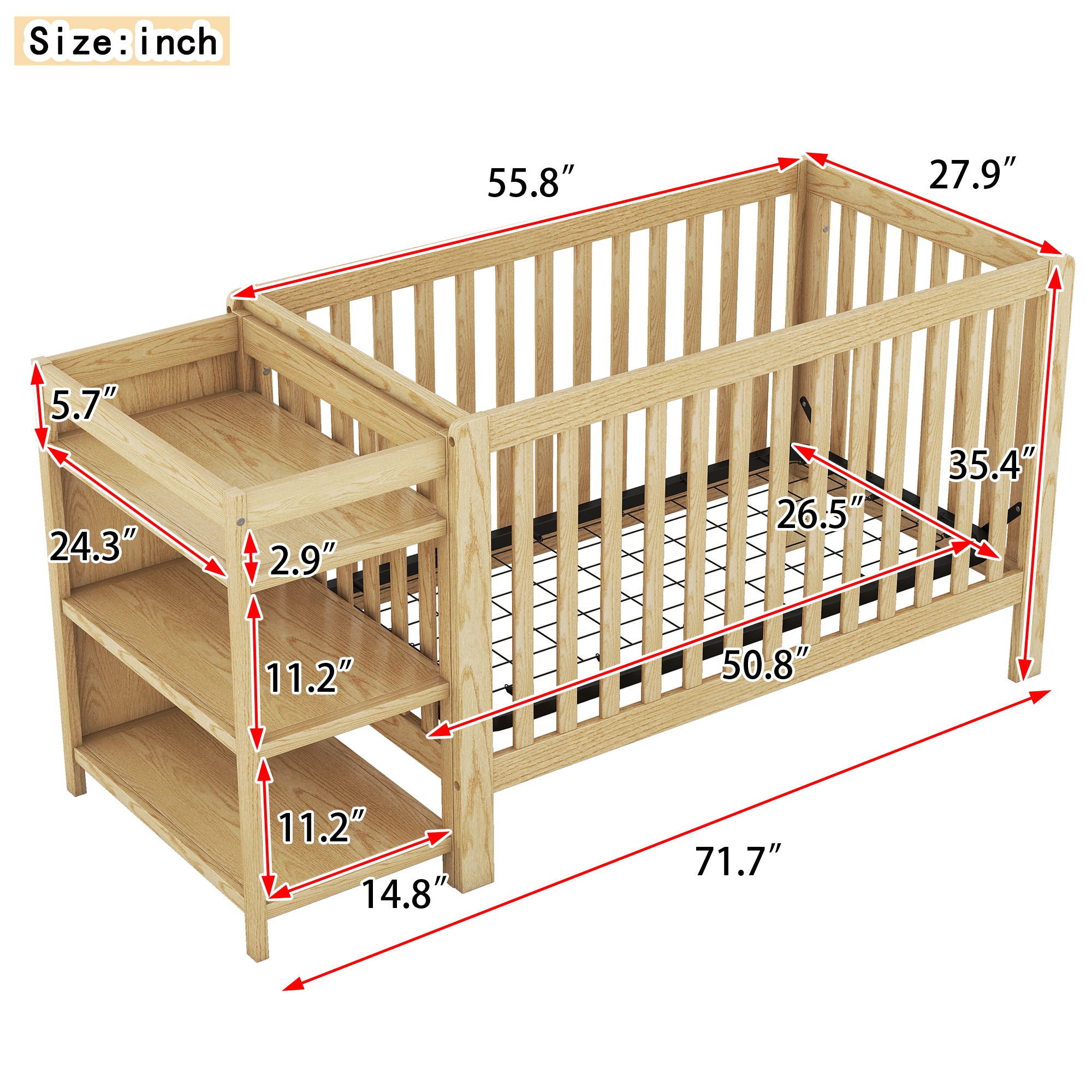 Convertible Crib/Full Size Bed with Changing Table, Natural - Atlantic Fine Furniture Melbourne FL