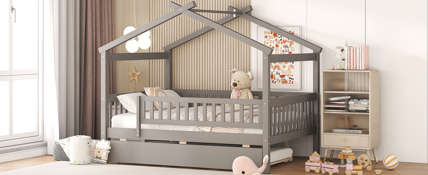 Full Size Wooden House Bed with Twin Size Trundle, Gray - Atlantic Fine Furniture Melbourne FL