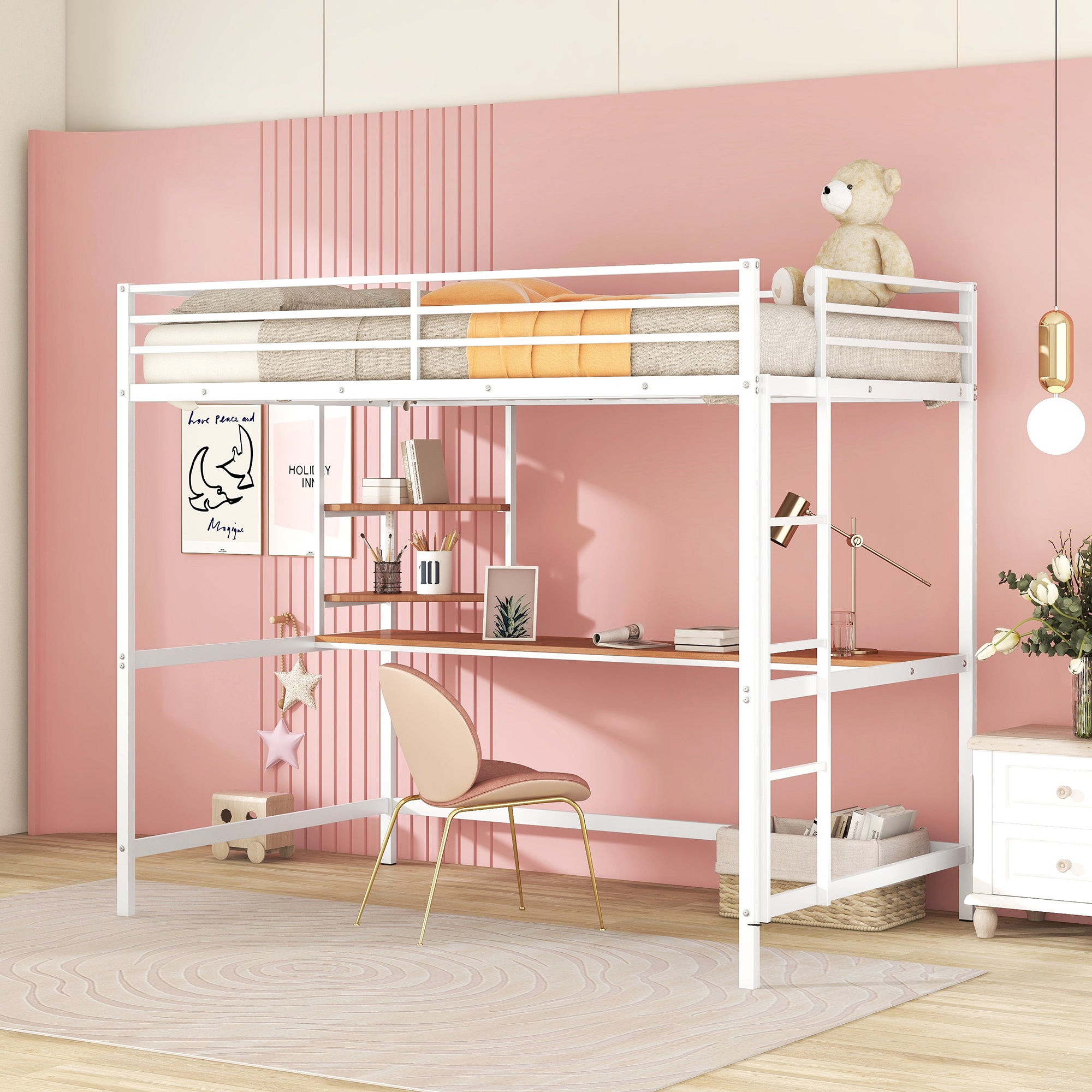 Full Metal Loft Bed with Desk and Shelve, White - Atlantic Fine Furniture Melbourne FL