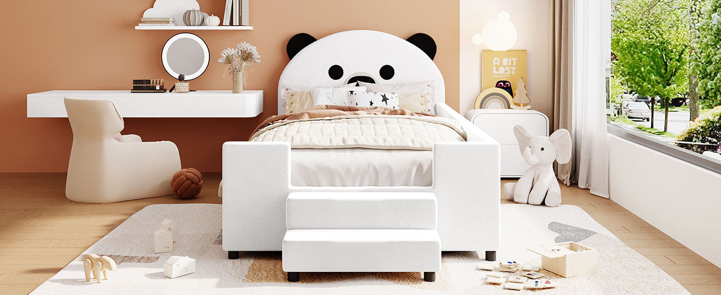 Twin Size Upholstered Daybed with Bear Shaped Headboard, Hydraulic System and Breathable Mesh Fence, White - Atlantic Fine Furniture Melbourne FL