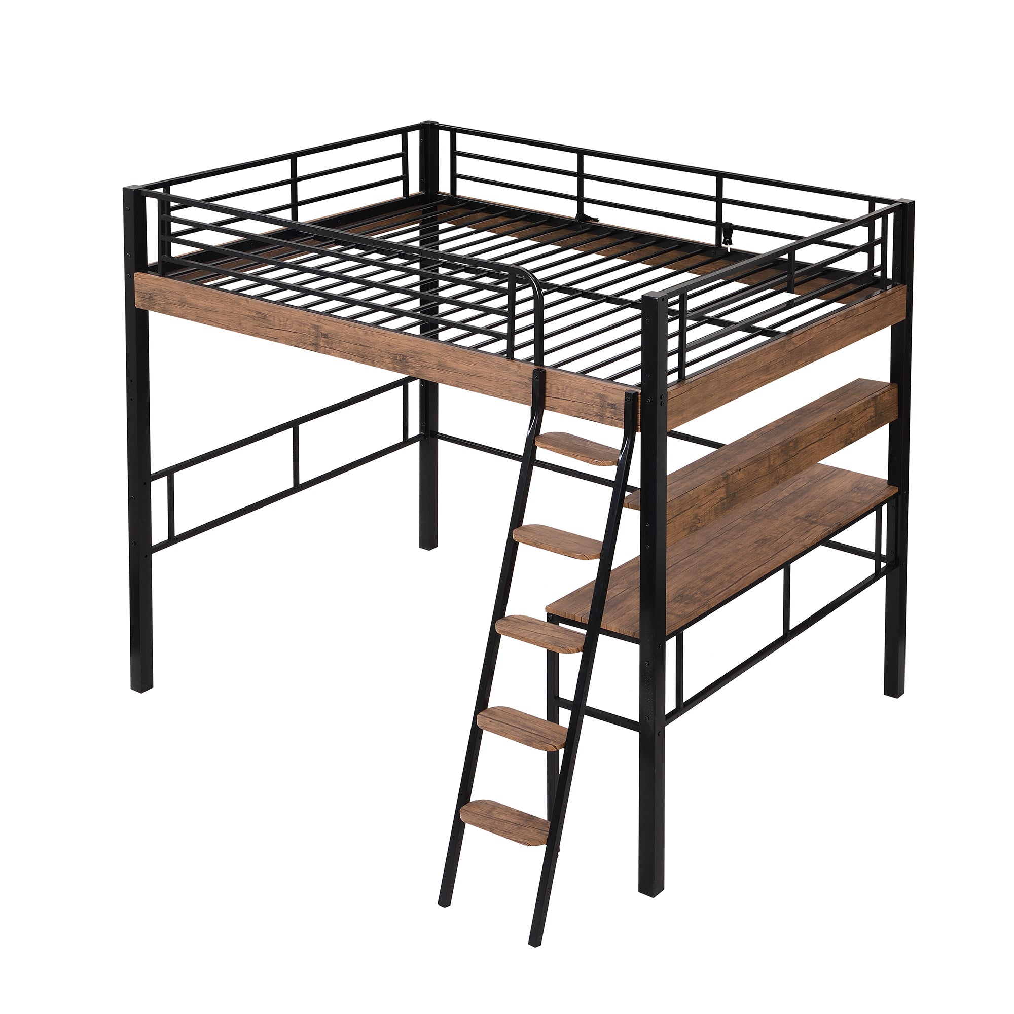 Metal Full Size Loft Bed with Built-in Desk, Storage Shelf and Ladder, Black