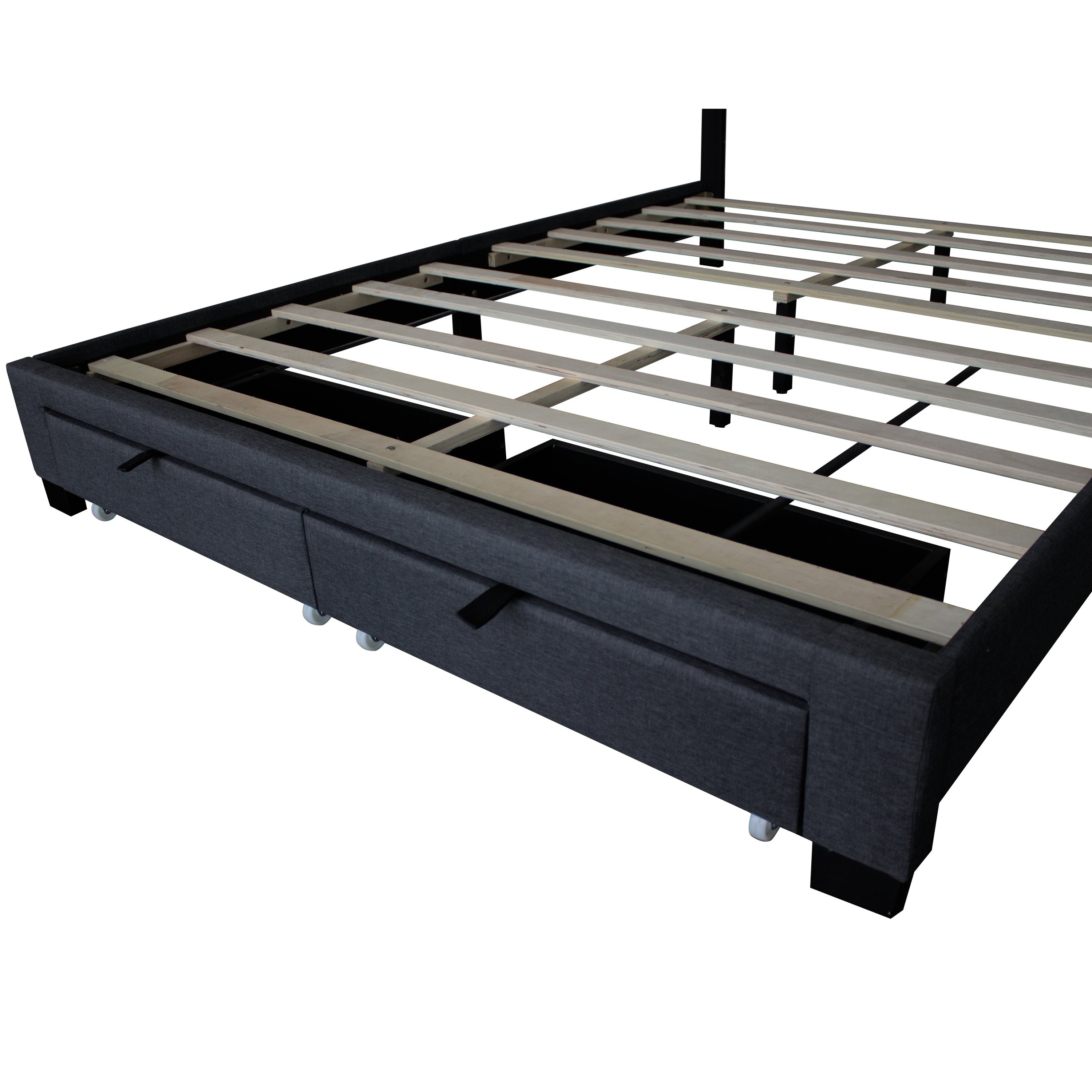 QUEEN SIZE UPHOLSTERED BED WITH ADJUSTABLE HEIGHT / MATTRESS 10 TO 14 INCHES / LED DESIGN WITH FOOTBOARD DRAWERS STORAGE / NO BOX SPRING REQUIRED DARK GRAY