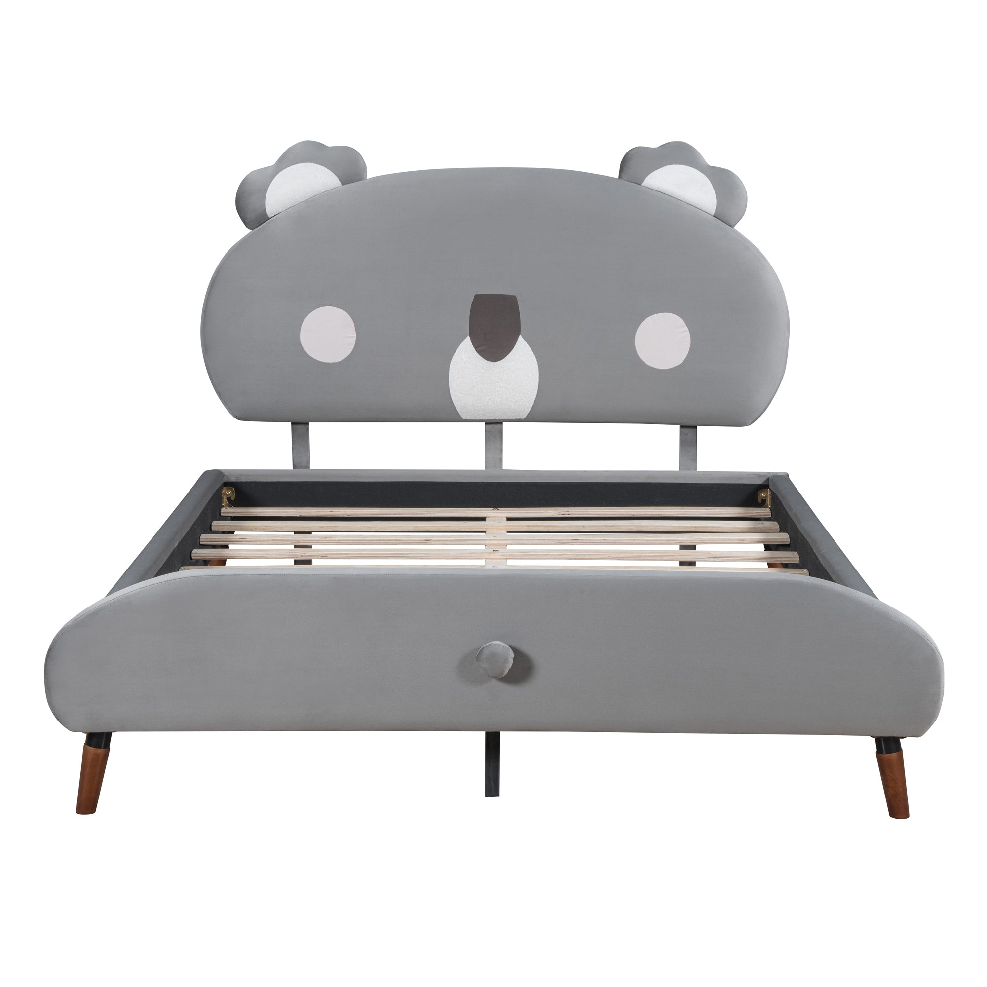 Full Size Upholstered Platform Bed with Koala-Shaped Headboard, Gray - Atlantic Fine Furniture Melbourne FL