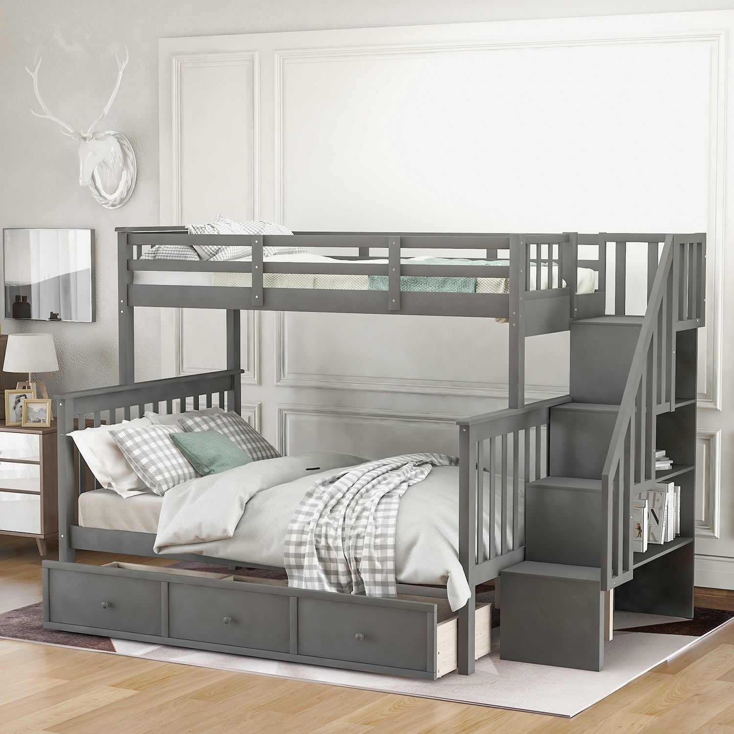 Stairway Twin-Over-Full Bunk Bed with Drawer, Storage and Guard Rail for Bedroom, Dorm, for Adults, Gray color(Old SKU: LP000219AAE) - Atlantic Fine Furniture Melbourne FL
