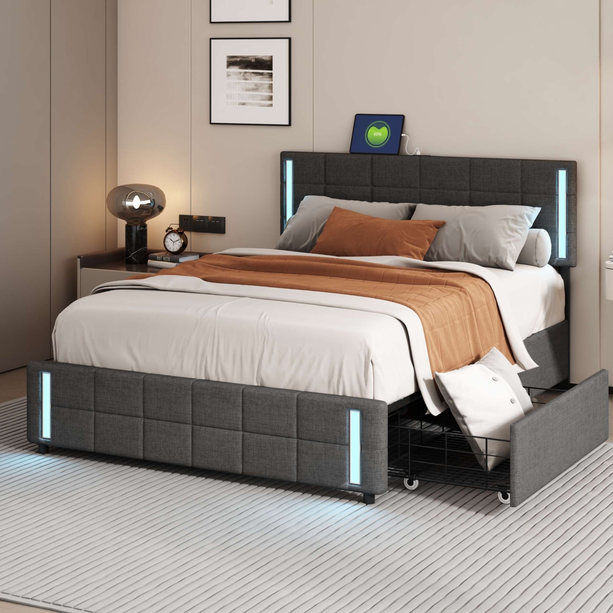 Queen Size Upholstered Platform Bed with LED Lights and USB Charging, Storage Bed with 4 Drawers, Gray(Linen) - Atlantic Fine Furniture Melbourne FL