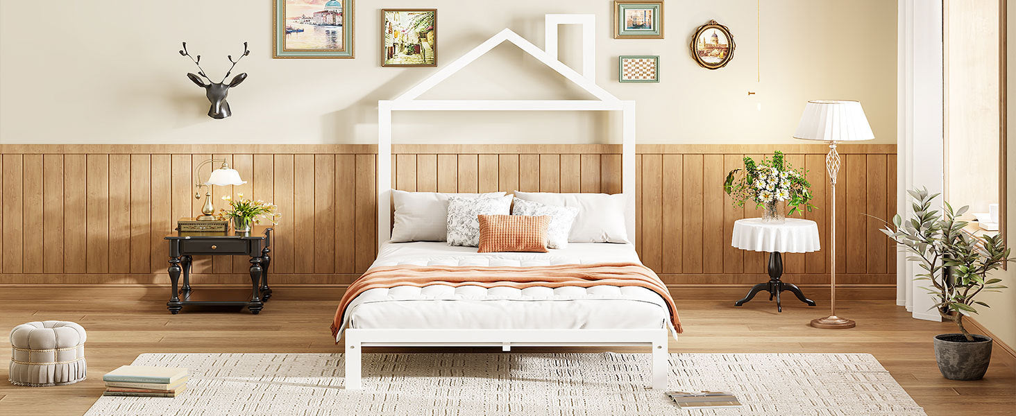 Twin Size Metal Platform Bed with House-Shaped Headboard Design, White - Atlantic Fine Furniture Melbourne FL