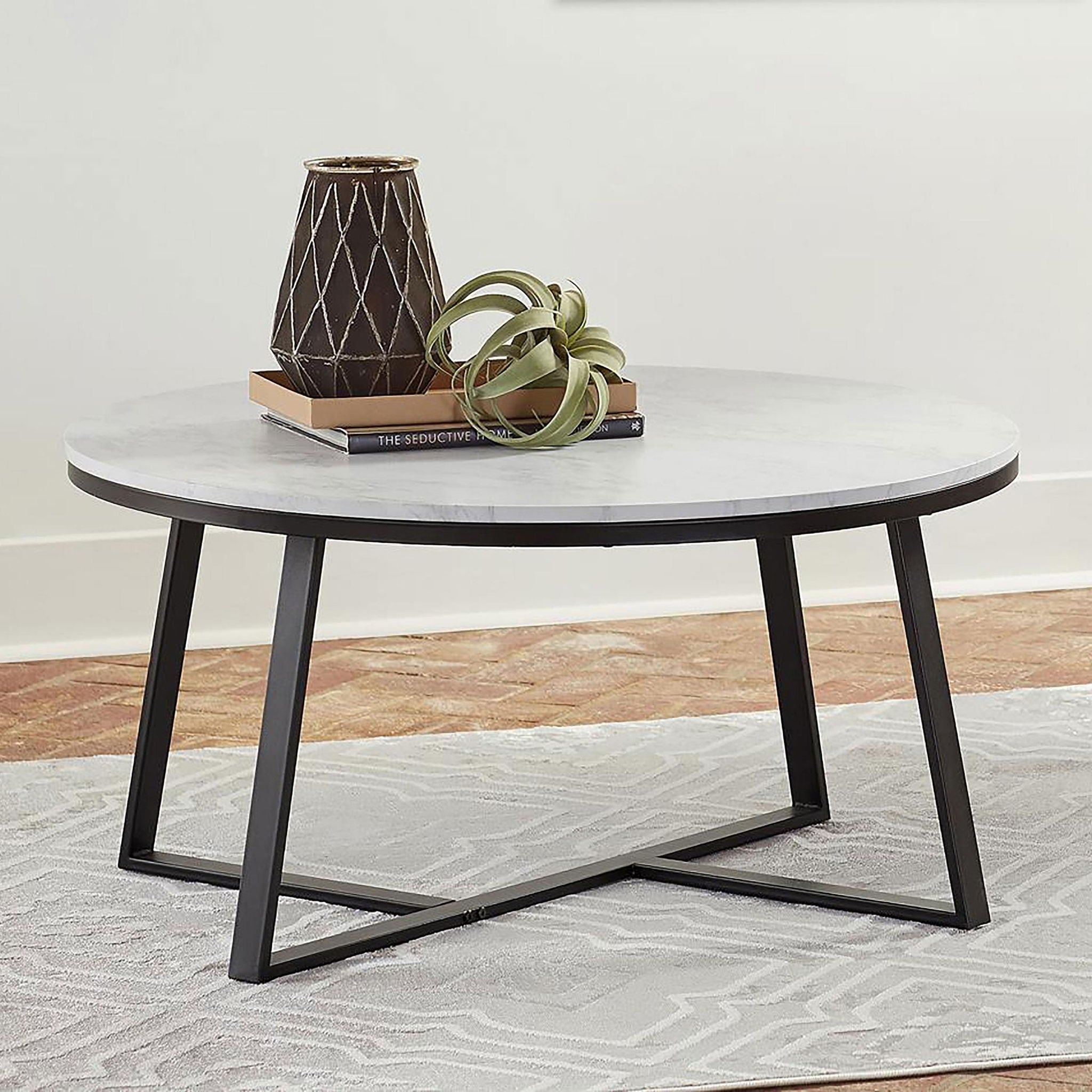 Hugo Round Faux Marble Coffee Table White and Matte Black - Atlantic Fine Furniture Melbourne FL