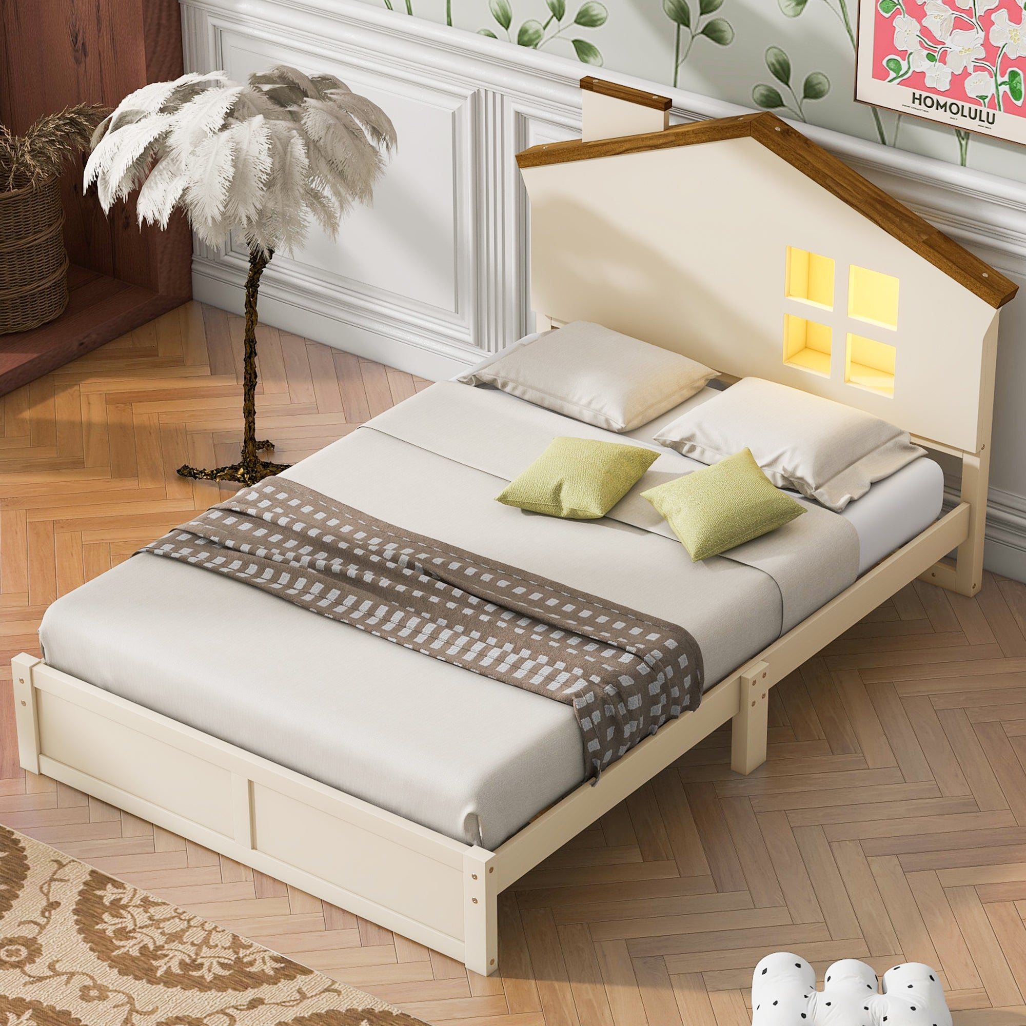 Twin Size Wood Platform Bed with House-shaped Headboard and Built-in LED, Walnut+Milk White - Atlantic Fine Furniture Melbourne FL