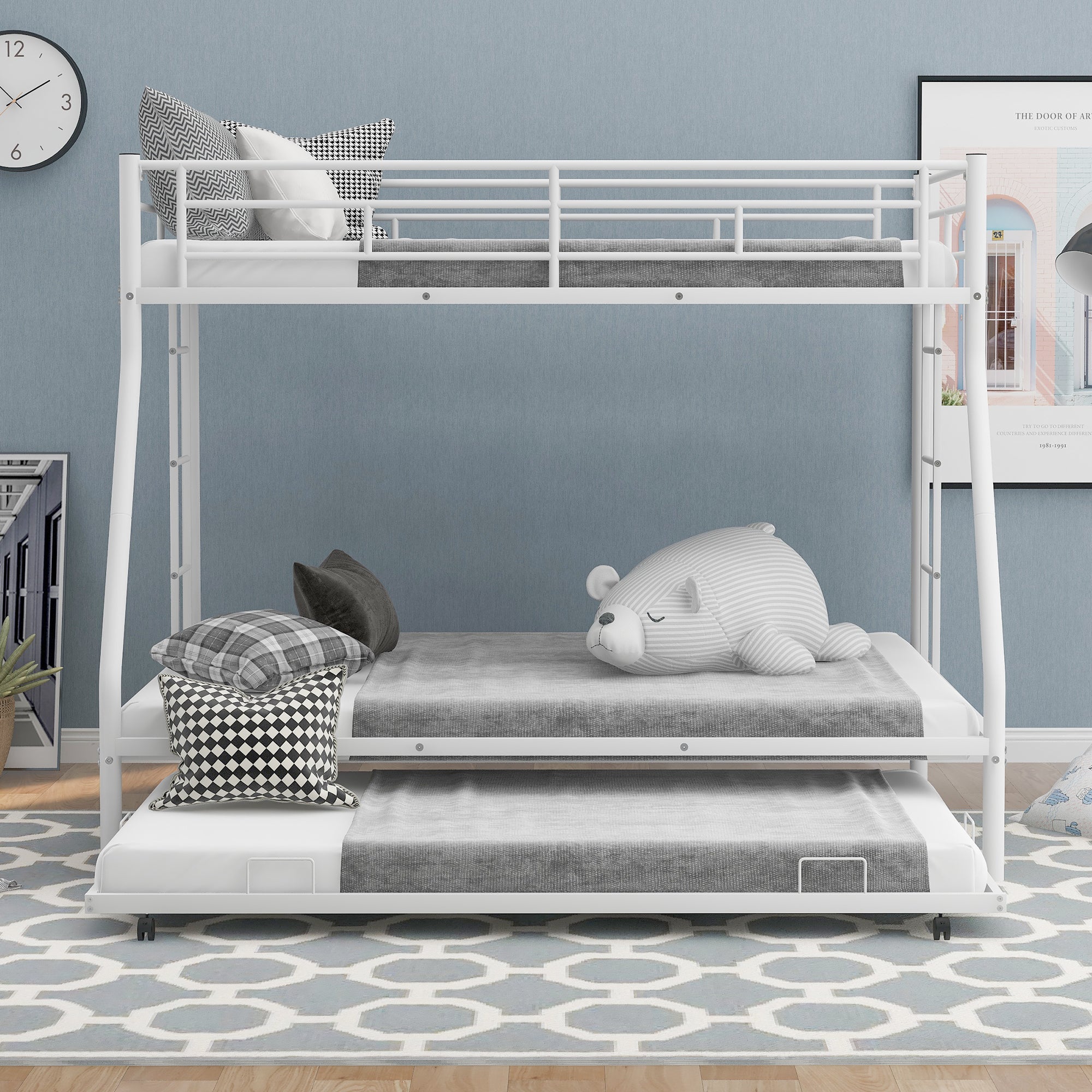 Twin over Full Bed with Sturdy Steel Frame, Bunk Bed with Twin Size Trundle, Two-Side Ladders, White(OLD SKU:MF194424AAK) - Atlantic Fine Furniture Melbourne FL