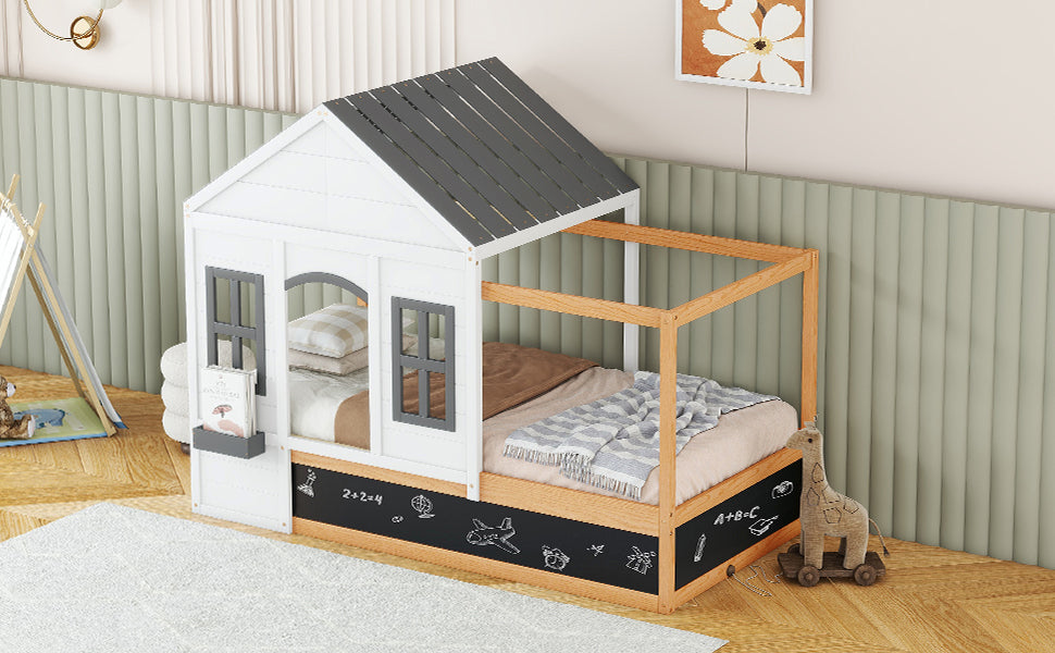 Twin Size House Shaped Canopy Bed with Black Roof and White Window,Blackboard and Little Shelf, White(Old SKU: WF294051AAK) - Atlantic Fine Furniture Melbourne FL