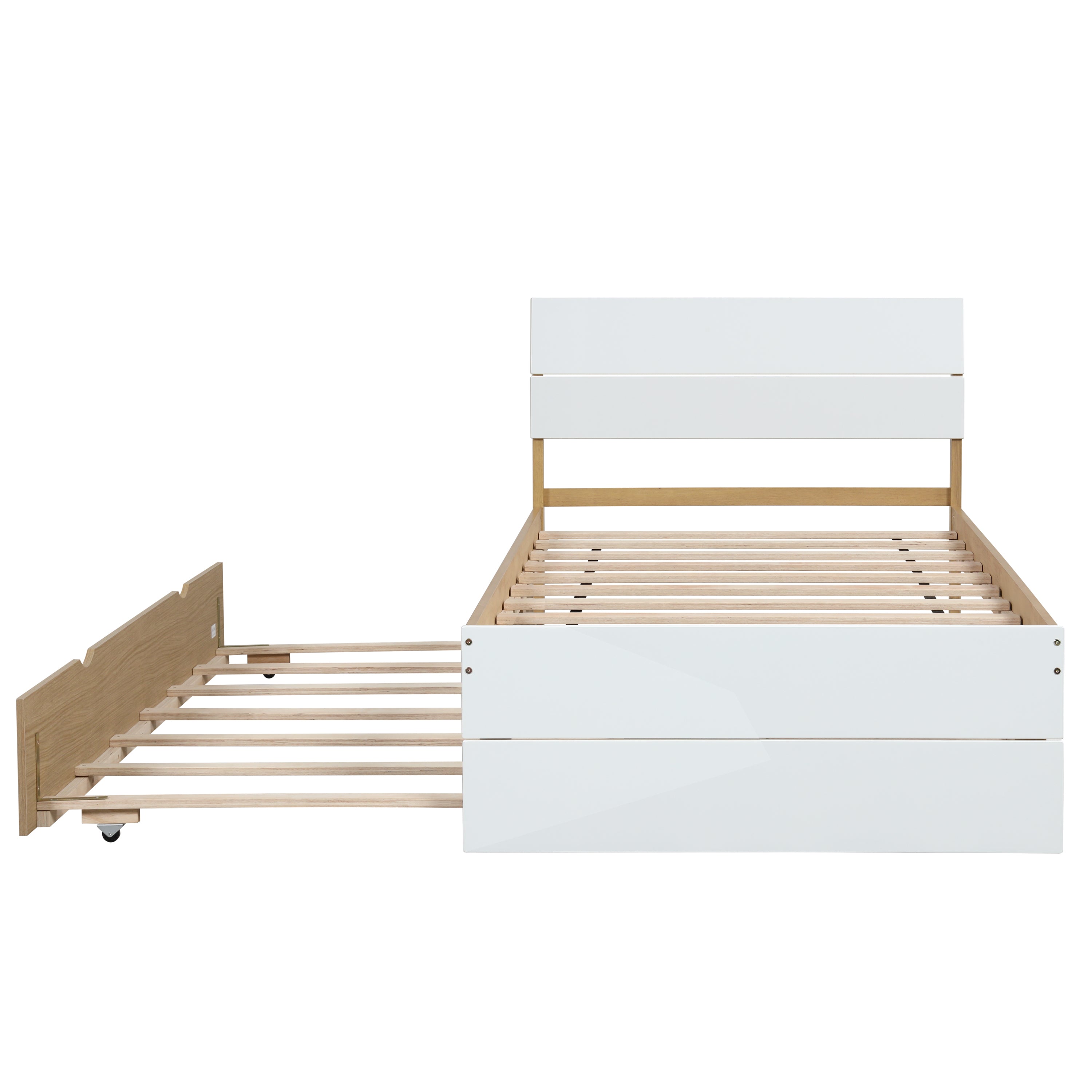 Modern Twin Bed Frame With Trundle For White High Gloss Headboard and Footboard With Light Oak Color - Atlantic Fine Furniture Melbourne FL