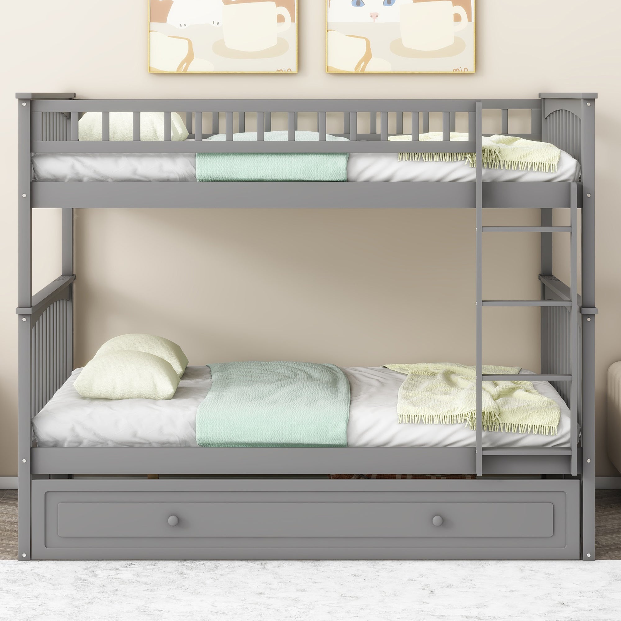 Full over Full Bunk Bed with Twin Size Trundle, Convertible Beds, Gray - Atlantic Fine Furniture Melbourne FL