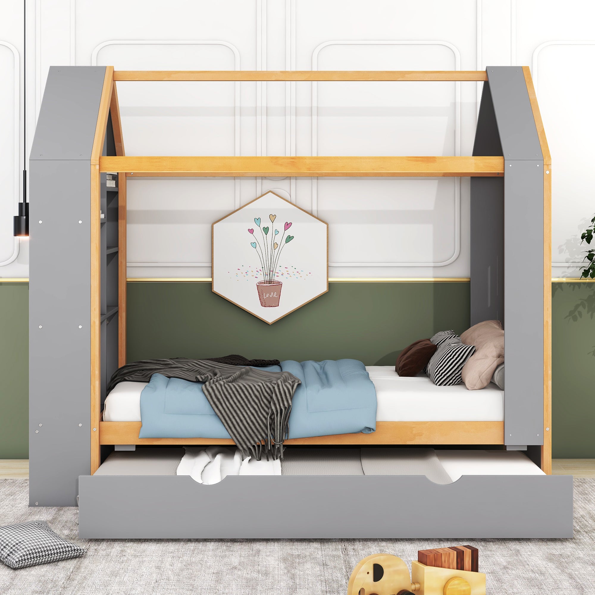 Twin Size House Platform Bed with Storage Shelves and Twin Size Trundle, Grey - Atlantic Fine Furniture Melbourne FL