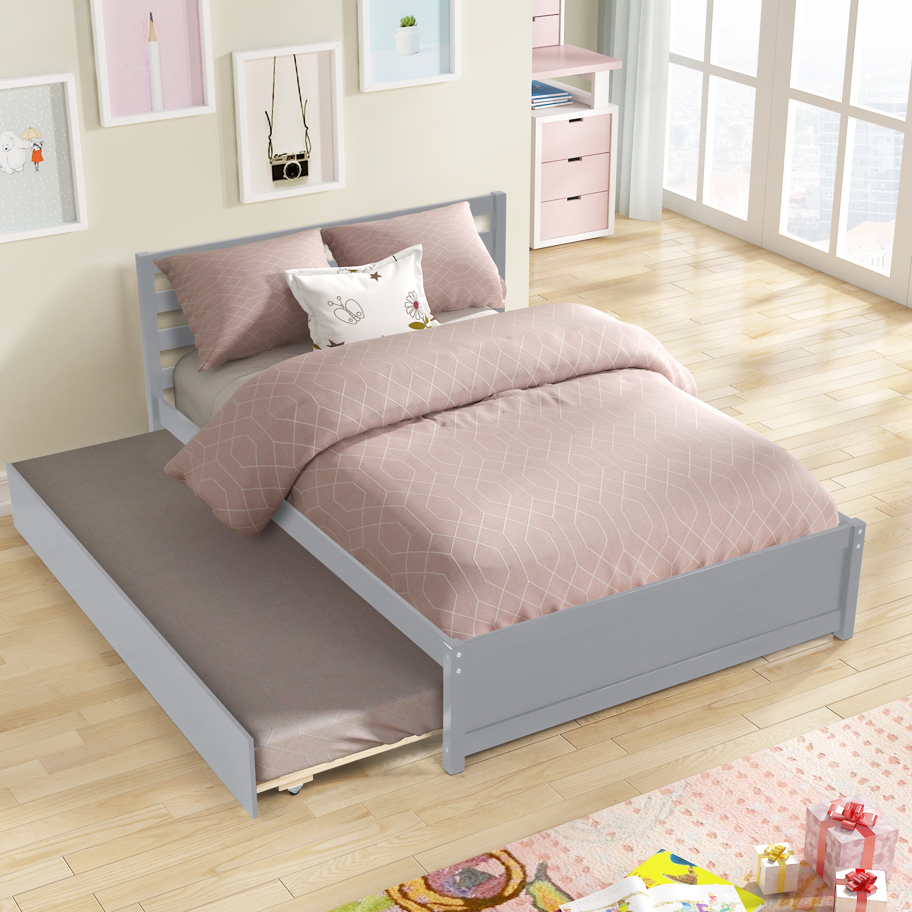 Full Size Wood Platform Bed Frame with Headboard and Twin Trundle For Grey Color - Atlantic Fine Furniture Melbourne FL