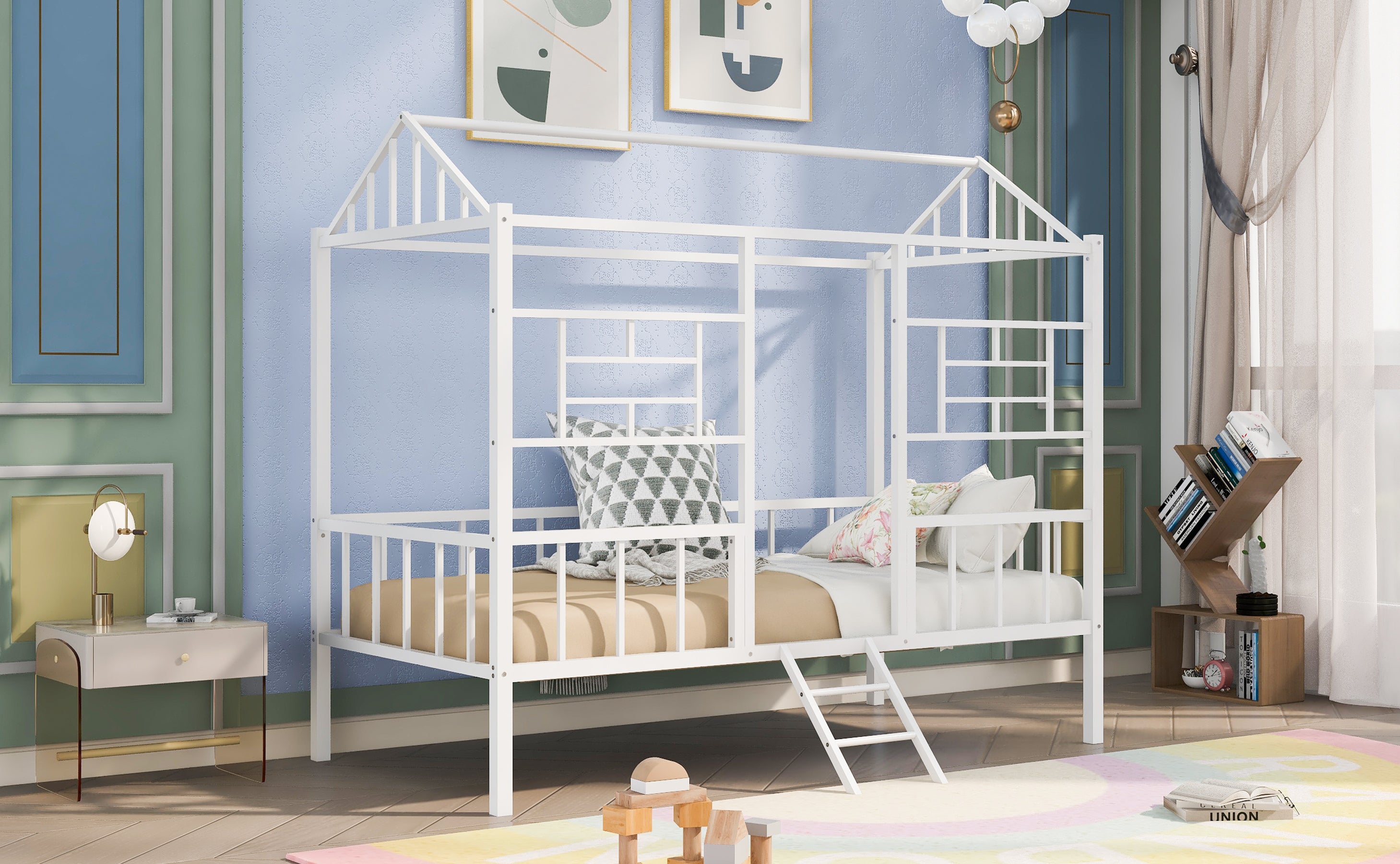 Metal House Bed Frame Twin Size with Slatted Support No Box Spring Needed White - Atlantic Fine Furniture Melbourne FL