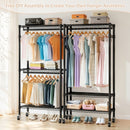 Heavy Duty Rolling Clothes Rack With 3 Tier Shelves, 2 Rails & Side Hooks, Adjustable Freestanding Organizer Metal - Black