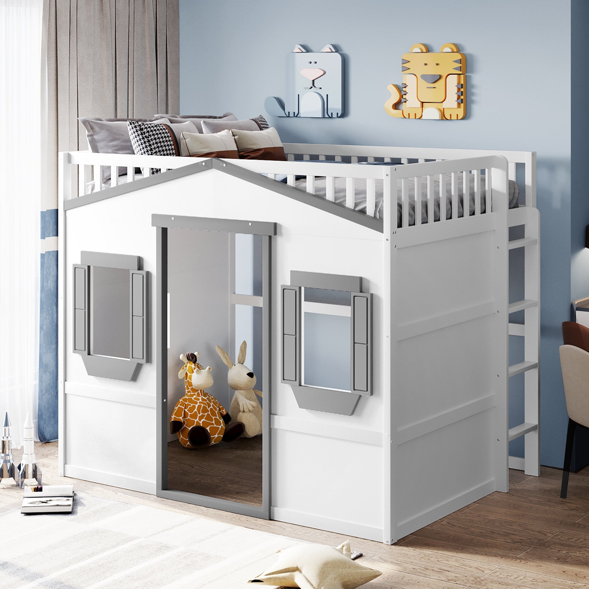 Full Size House Loft Bed With Ladder-White+Gray Frame - Atlantic Fine Furniture Melbourne FL