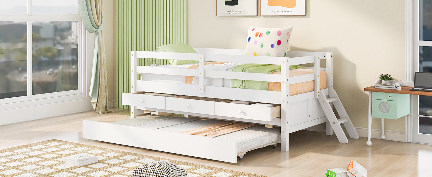 Low Loft Bed Twin Size with Full Safety Fence, Climbing ladder, Storage Drawers and Trundle White Solid Wood Bed - Atlantic Fine Furniture Melbourne FL