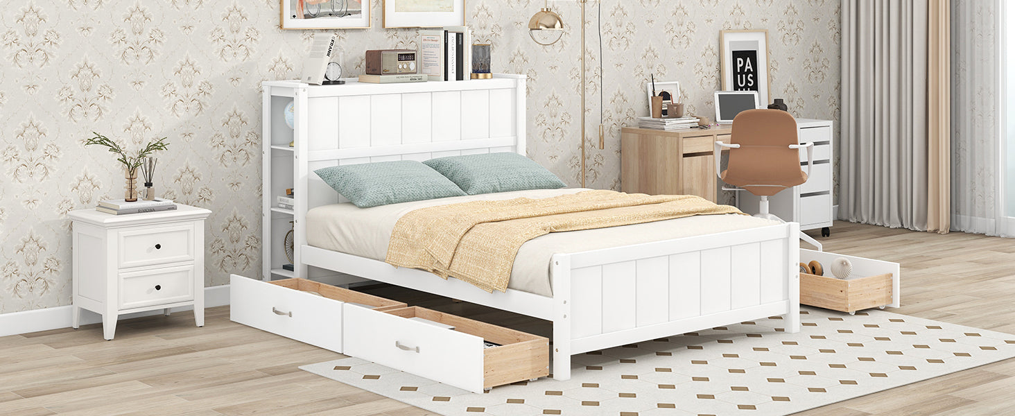Full Size Platform Bed with Drawers and Storage Shelves, White