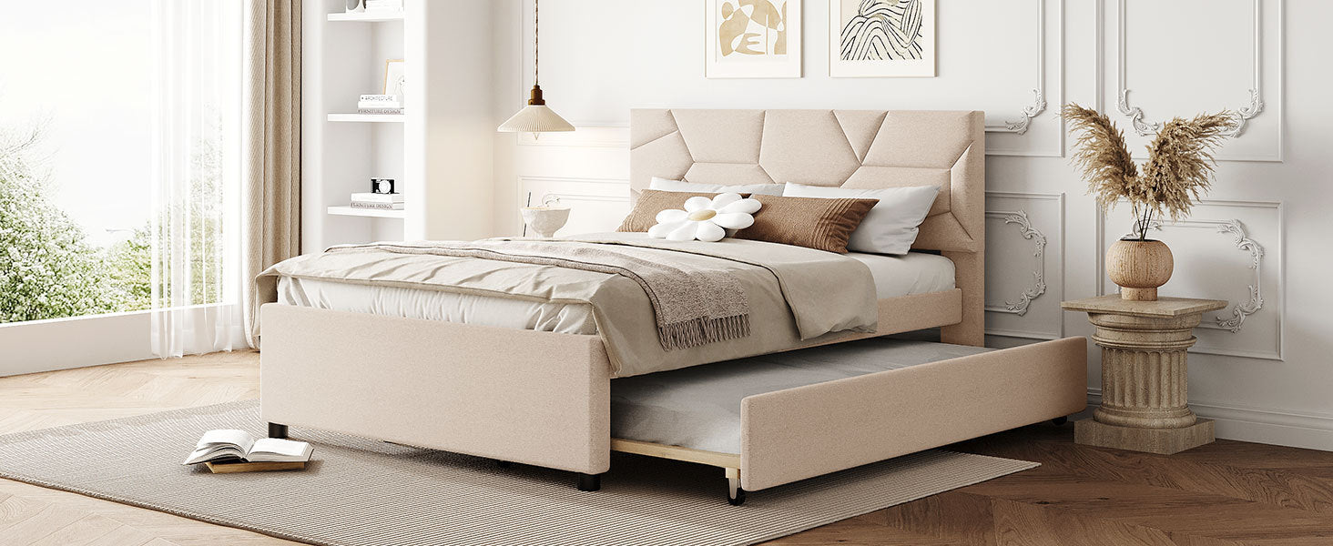 Full Size Upholstered Platform Bed with Brick Pattern Headboard and Twin Size Trundle, Linen Fabric, Beige - Atlantic Fine Furniture Melbourne FL