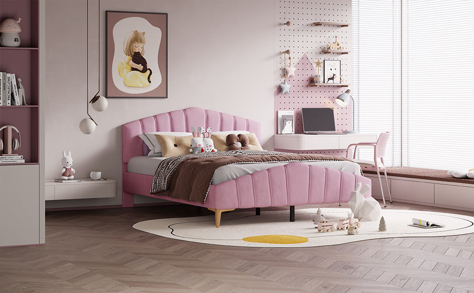 Queen Size Velvet Platform Bed with Thick Fabric, Stylish Stripe Decorated Bedboard and Elegant Metal Bed Leg, Pink - Atlantic Fine Furniture Melbourne FL
