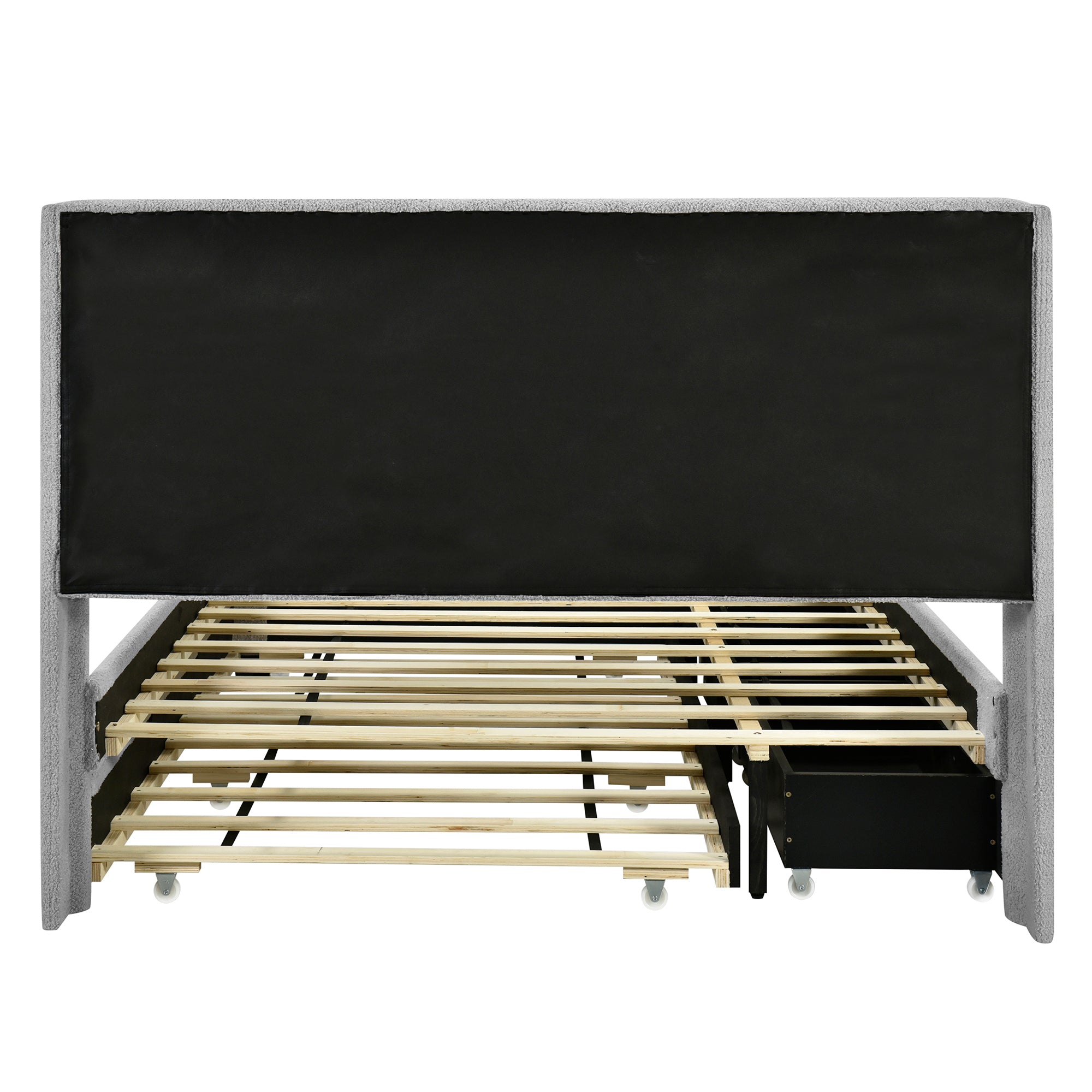Queen Size Upholstered Platform Bed with LED Frame, with Twin XL Size Trundle and 2 drawers, Teddy Fleece, Gray
