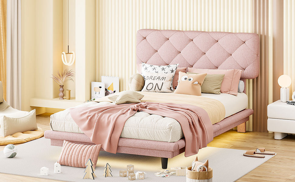 Twin Size Upholstered Bed with Light Stripe, Floating Platform Bed, Linen Fabric,Pink - Atlantic Fine Furniture Melbourne FL