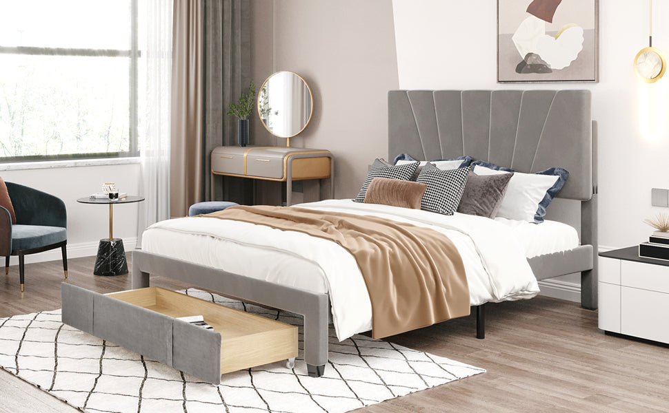 Queen Size Storage Bed Velvet Upholstered Platform Bed with a Big Drawer - Gray - Atlantic Fine Furniture Melbourne FL