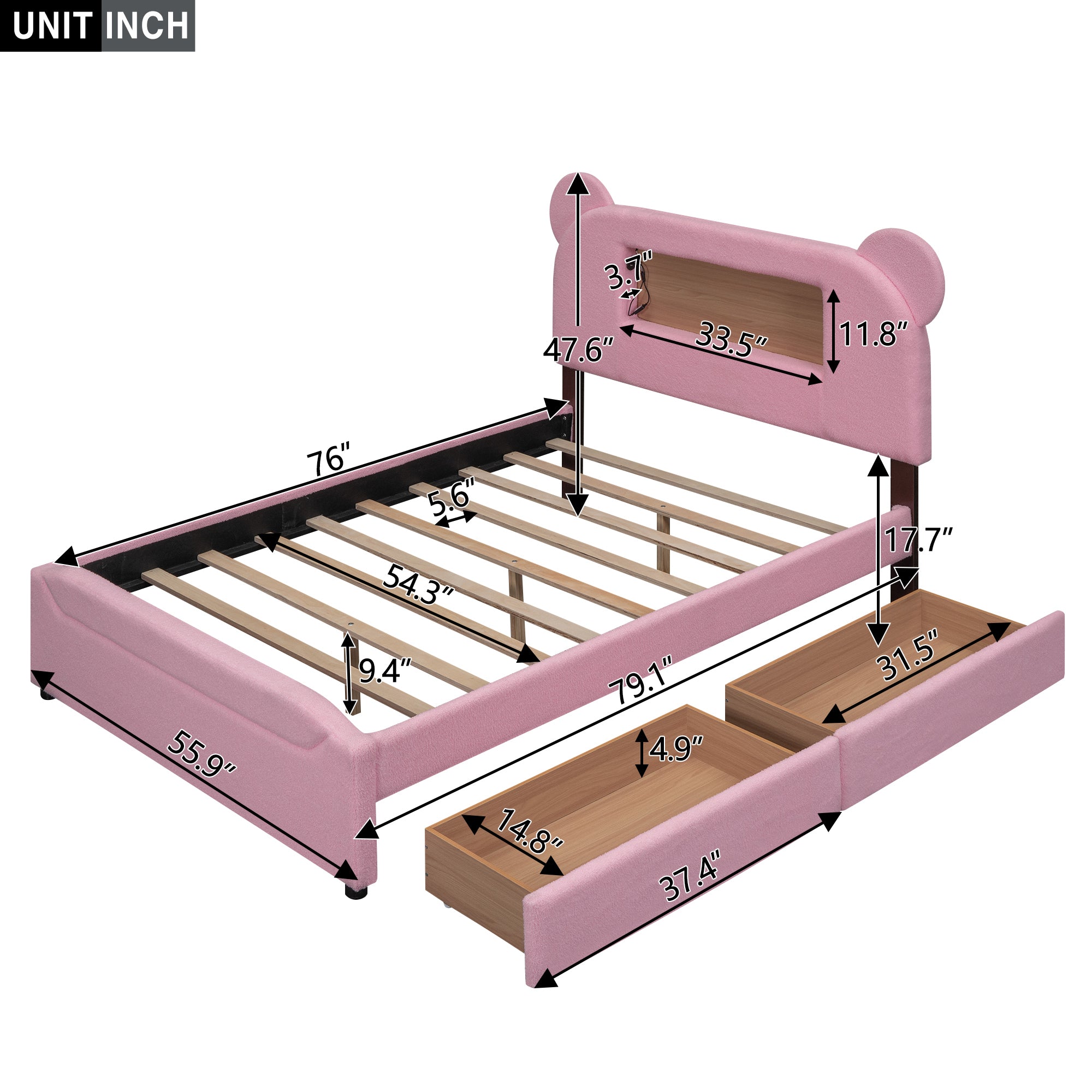 Full Size Upholstered Storage Platform Bed with Cartoon Ears Headboard, LED and USB, Pink - Atlantic Fine Furniture Melbourne FL