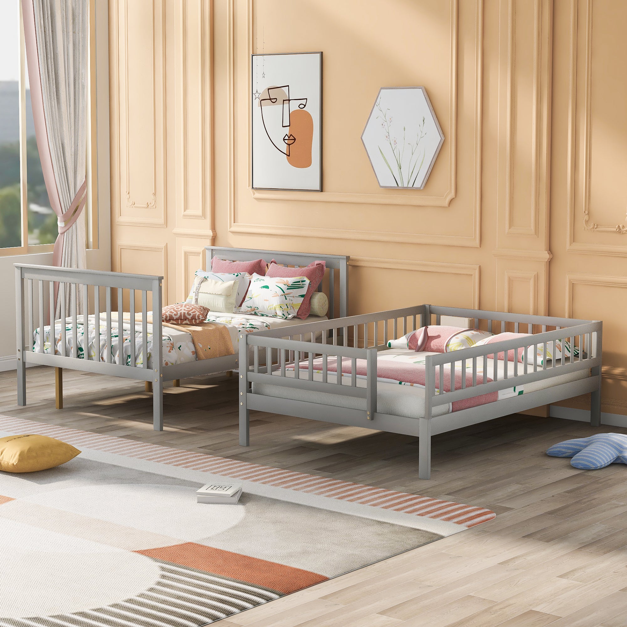 Full over Full Bunk Bed with Trundle and Staircase,Gray - Atlantic Fine Furniture Melbourne FL
