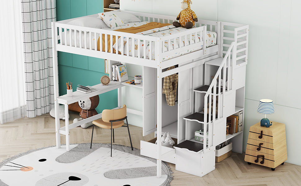 Full size Loft Bed with Bookshelf,Drawers,Desk,and Wardrobe-White - Atlantic Fine Furniture Melbourne FL