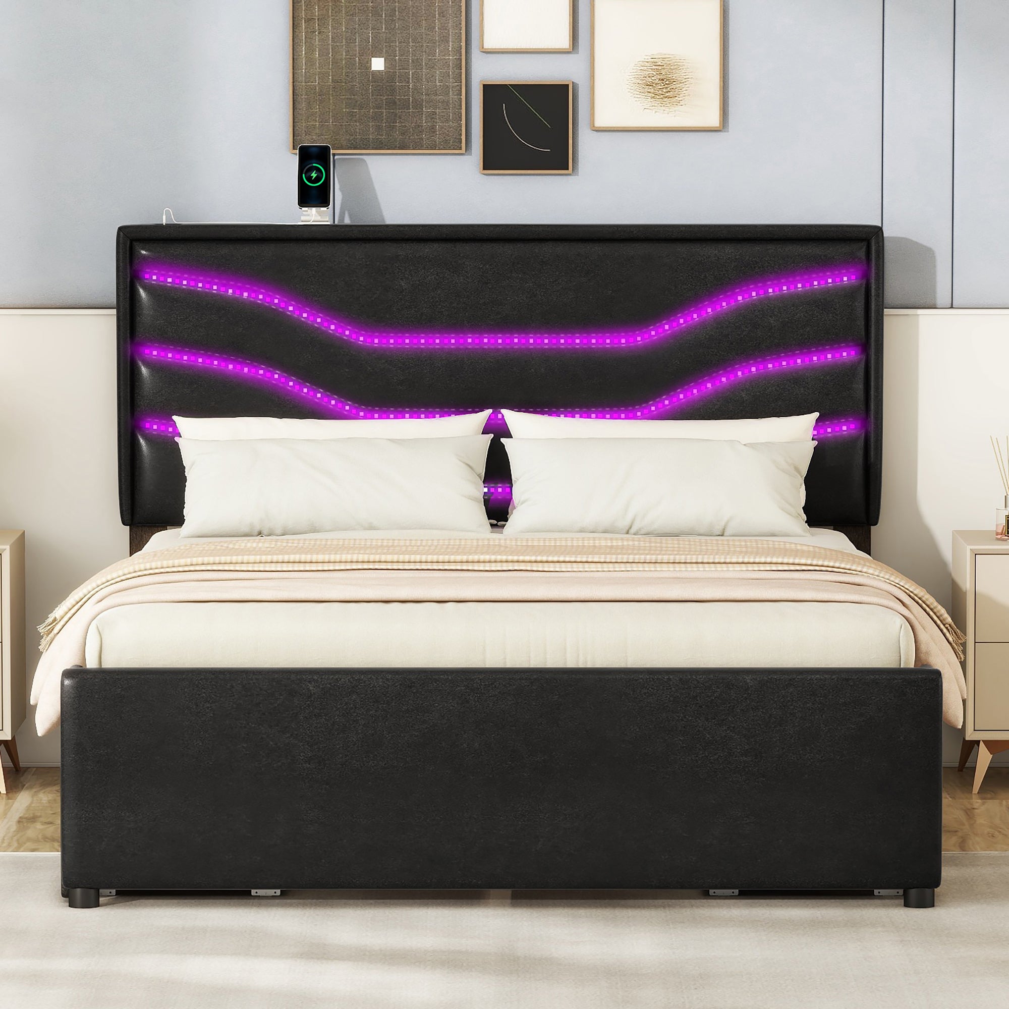 Queen Size Upholstered Storage Platform Bed with LED, 4 Drawers and USB Charging, Black - Atlantic Fine Furniture Melbourne FL