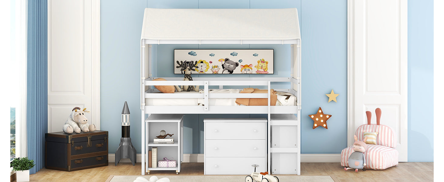 Twin Size Loft Bed with Rolling Cabinet, Shelf and Tent - White - Atlantic Fine Furniture Melbourne FL