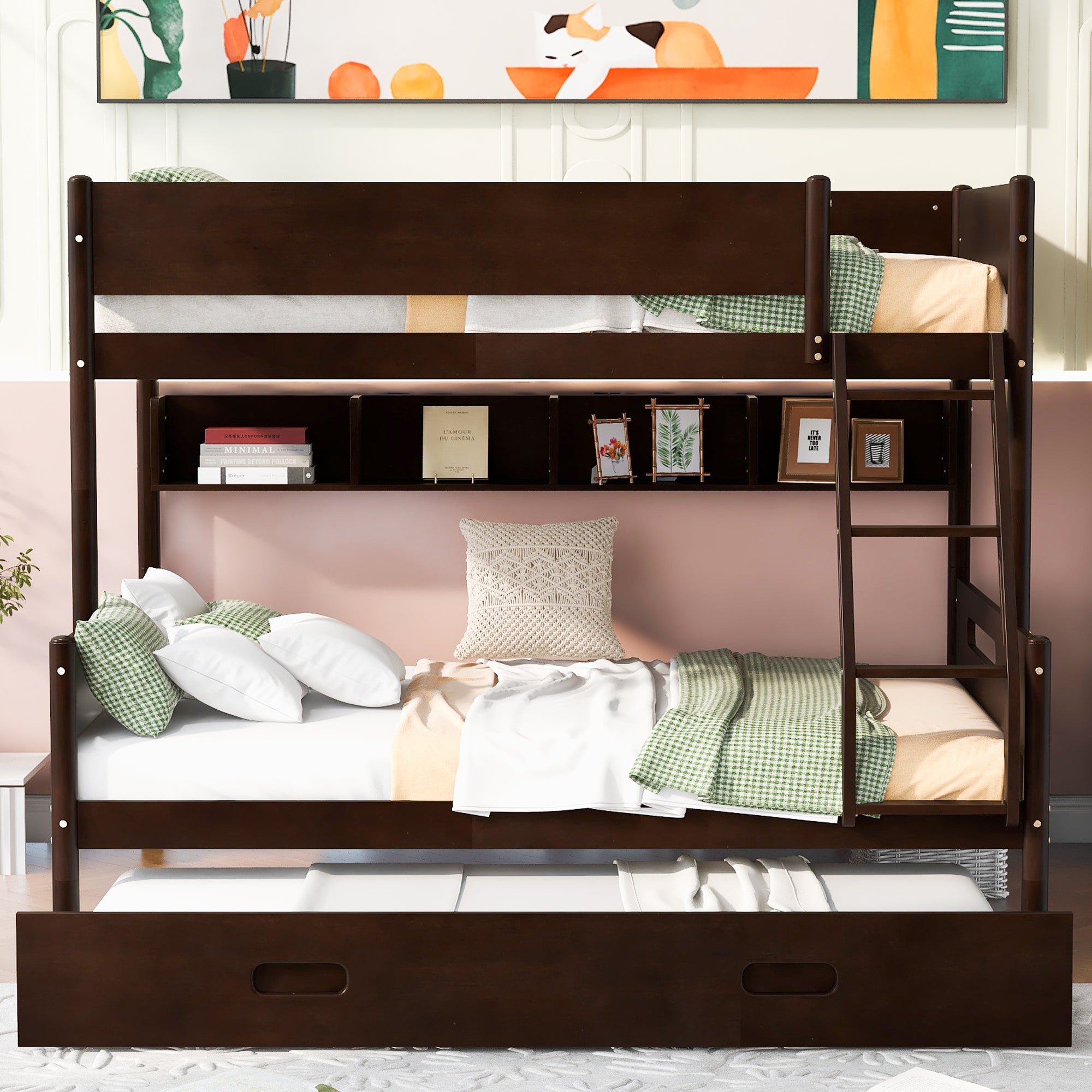 Wood Twin over Full Bunk Bed with Storage Shelves and Twin Size Trundle, Espresso - Atlantic Fine Furniture Melbourne FL