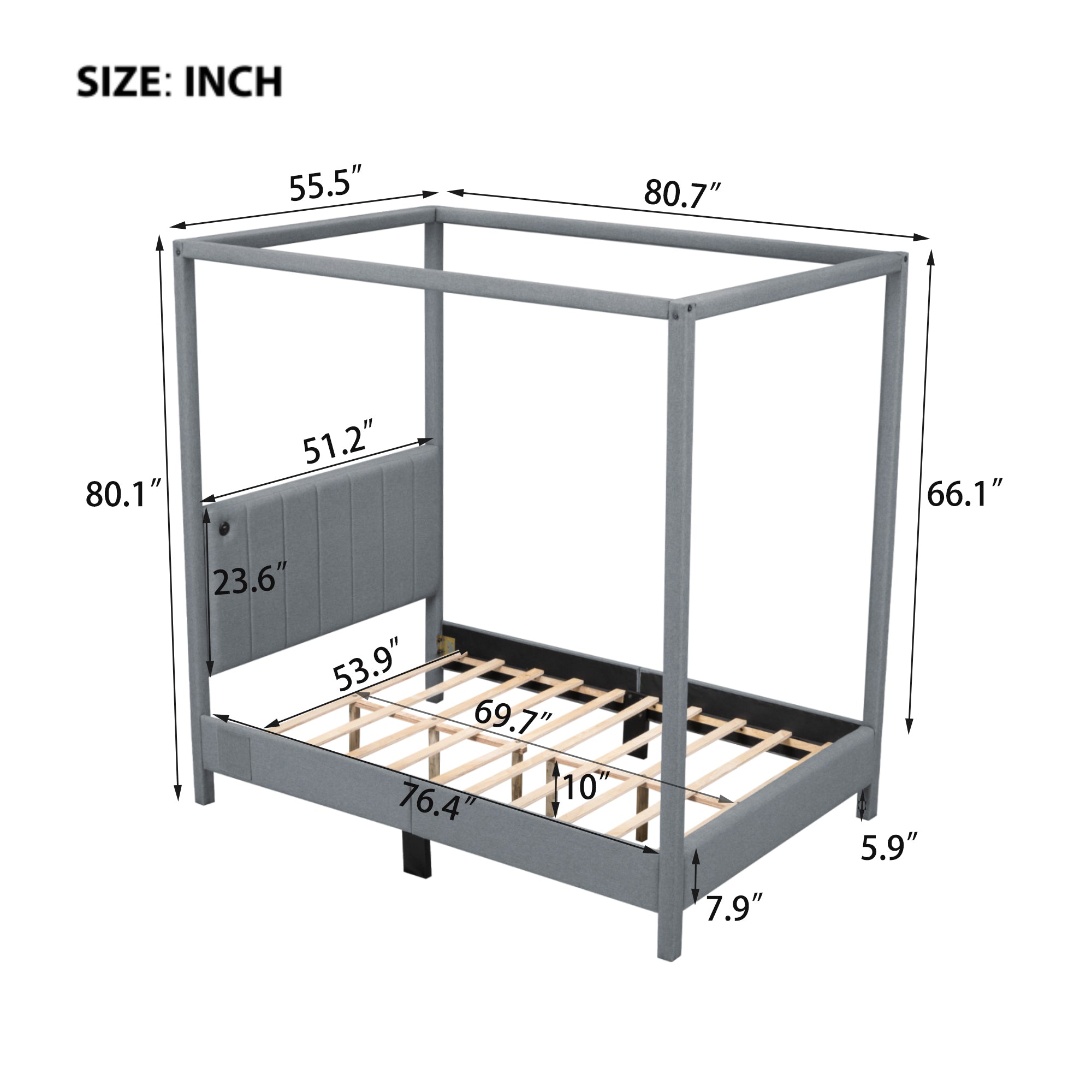 Full Size Canopy Platform Bed with USB and Type-C Ports, Canvas, Gray - Atlantic Fine Furniture Melbourne FL