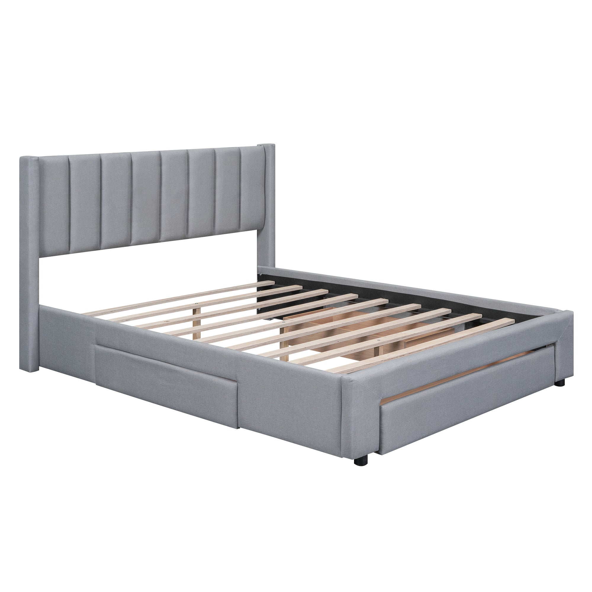 Queen Size Upholstered Platform Bed with One Large Drawer in the Footboard and Drawer on Each Side,Gray - Atlantic Fine Furniture Melbourne FL