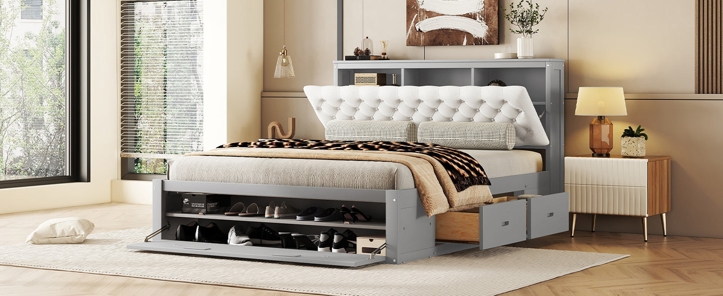 Wood Queen Size Platform Bed with Storage Headboard, shoe rack and 4 drawers,Gray - Atlantic Fine Furniture Melbourne FL