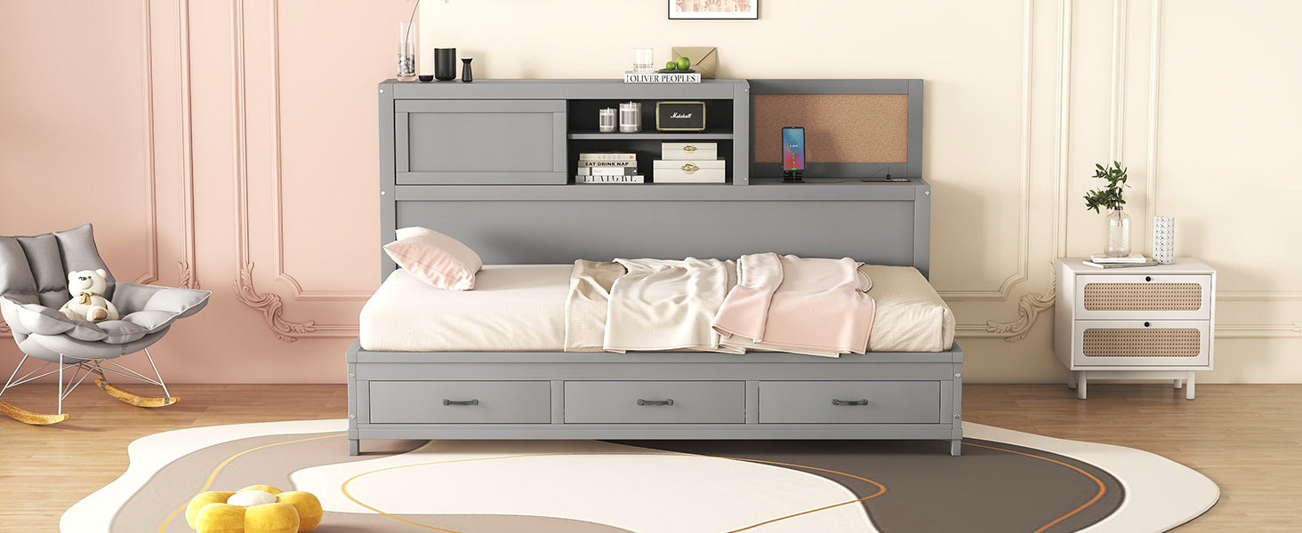 Twin Size Wooden Daybed with 3 Storage Drawers, Upper Soft Board, shelf, and a set of Sockets and USB Ports, Gray - Atlantic Fine Furniture Melbourne FL